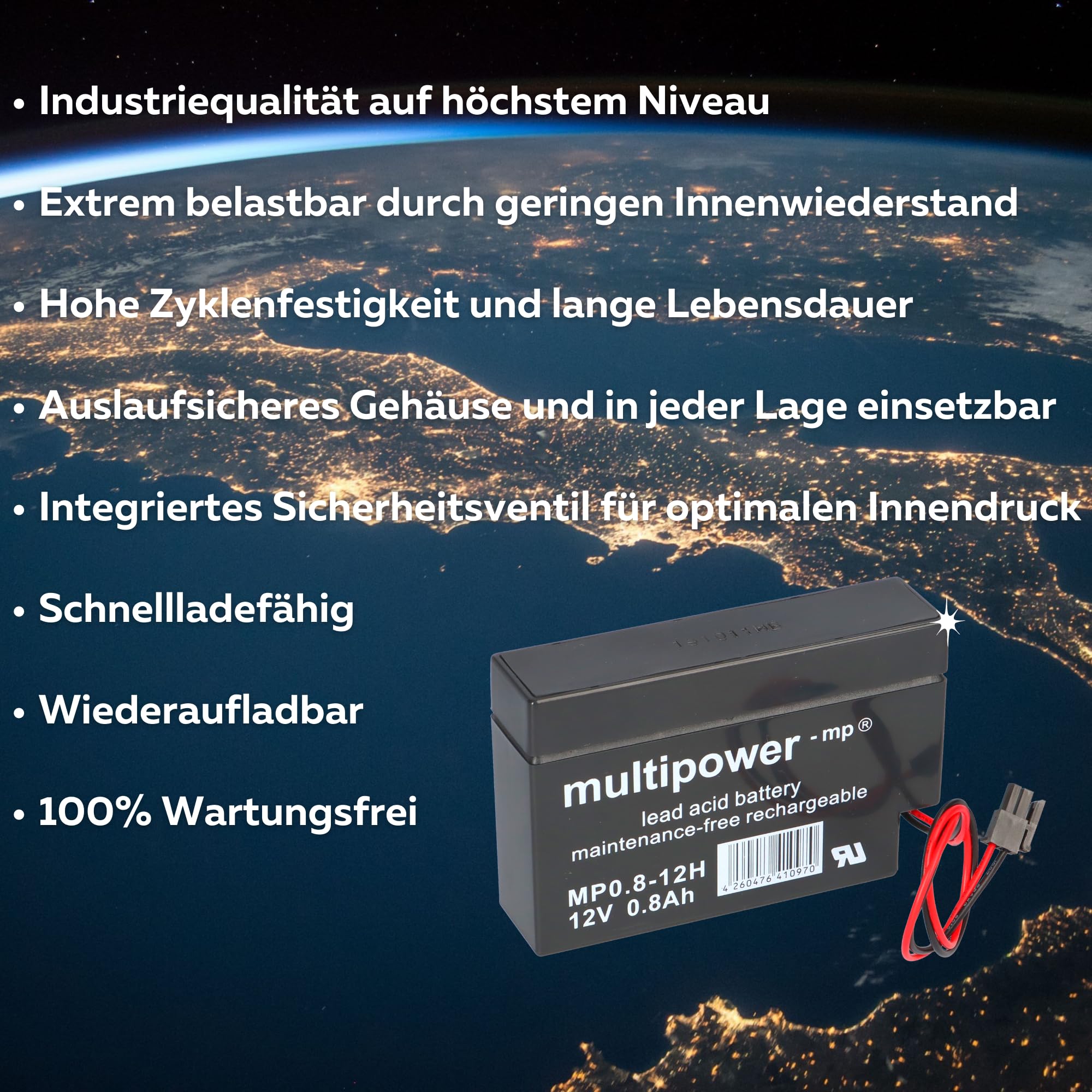 4 x Multipower akumulator ołowiowy MP0,8-12H Pb 12 V 0,8 Ah do domu i domu wtyczka do rolet