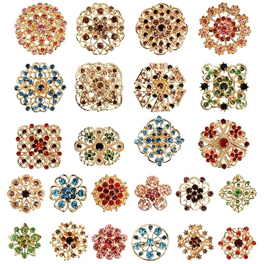 Hiceeden 24 Pieces Flower Golden Brooches Pins, Small Shining Rhinestone Colorful Brooch Gift for Women, Wedding Decoration