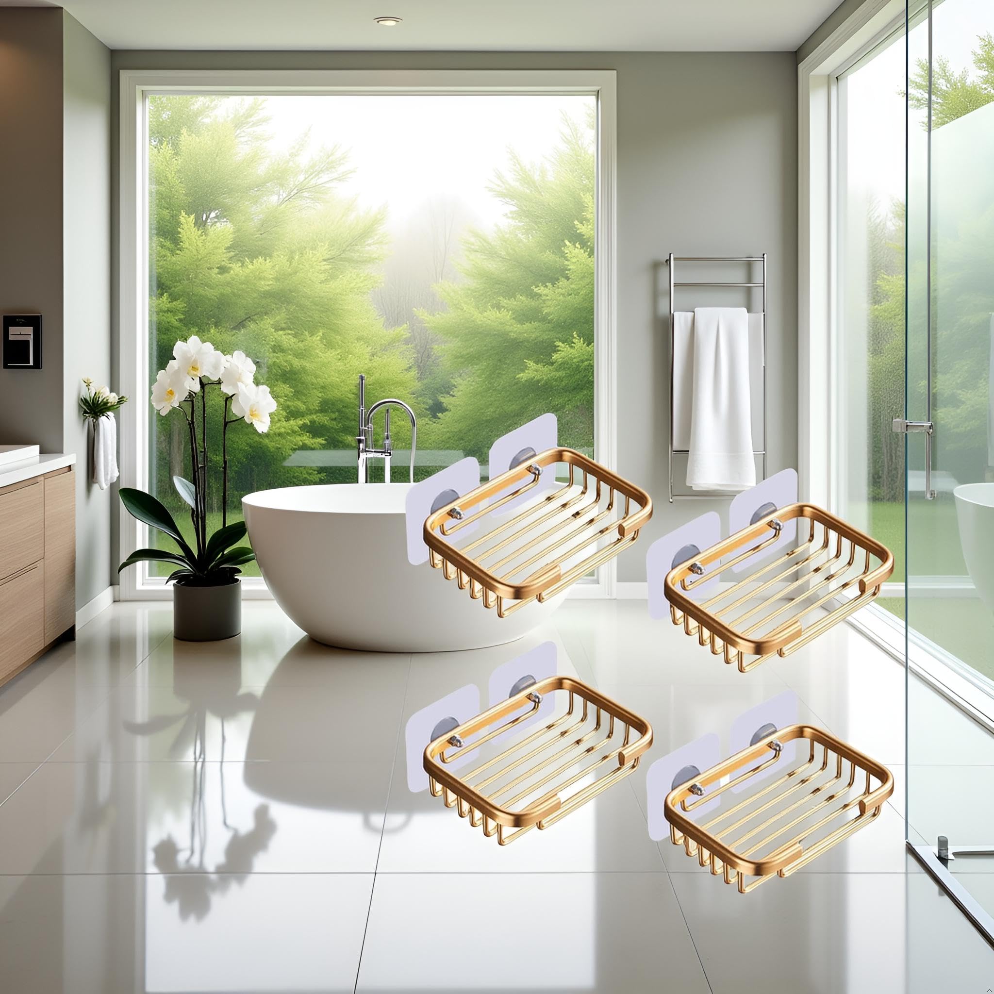 4 jaboneras doradas para ducha, estante de drenaje colgante creativo, soporte autoadhesivo para jabonera, estante de almacenamiento de jabonera, sin daños, para colgar en el baño, jaboneras 7
