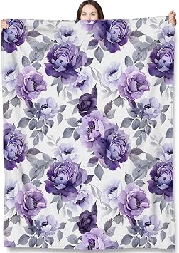 Purple Floral Throw Blanket Gifts for Adults Kids, Elegant Peony Flower Blankets for Living Room Bedroom Decor, Fuzzy Warm Flannel Plush 50"x60"