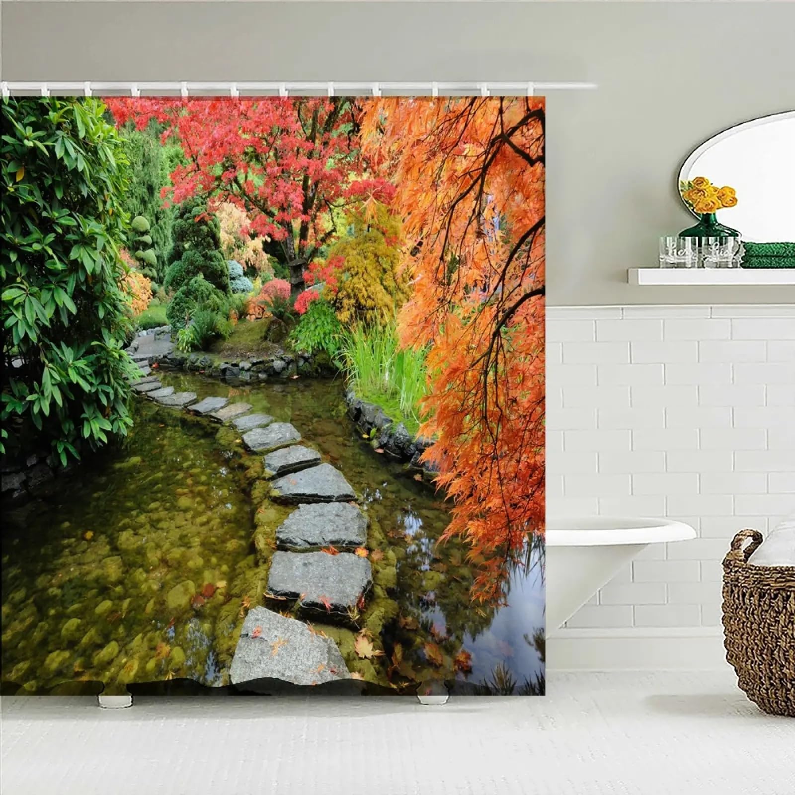 Rideau de douche imperméable anti-moisissure tissu 3D paysage avec crochets