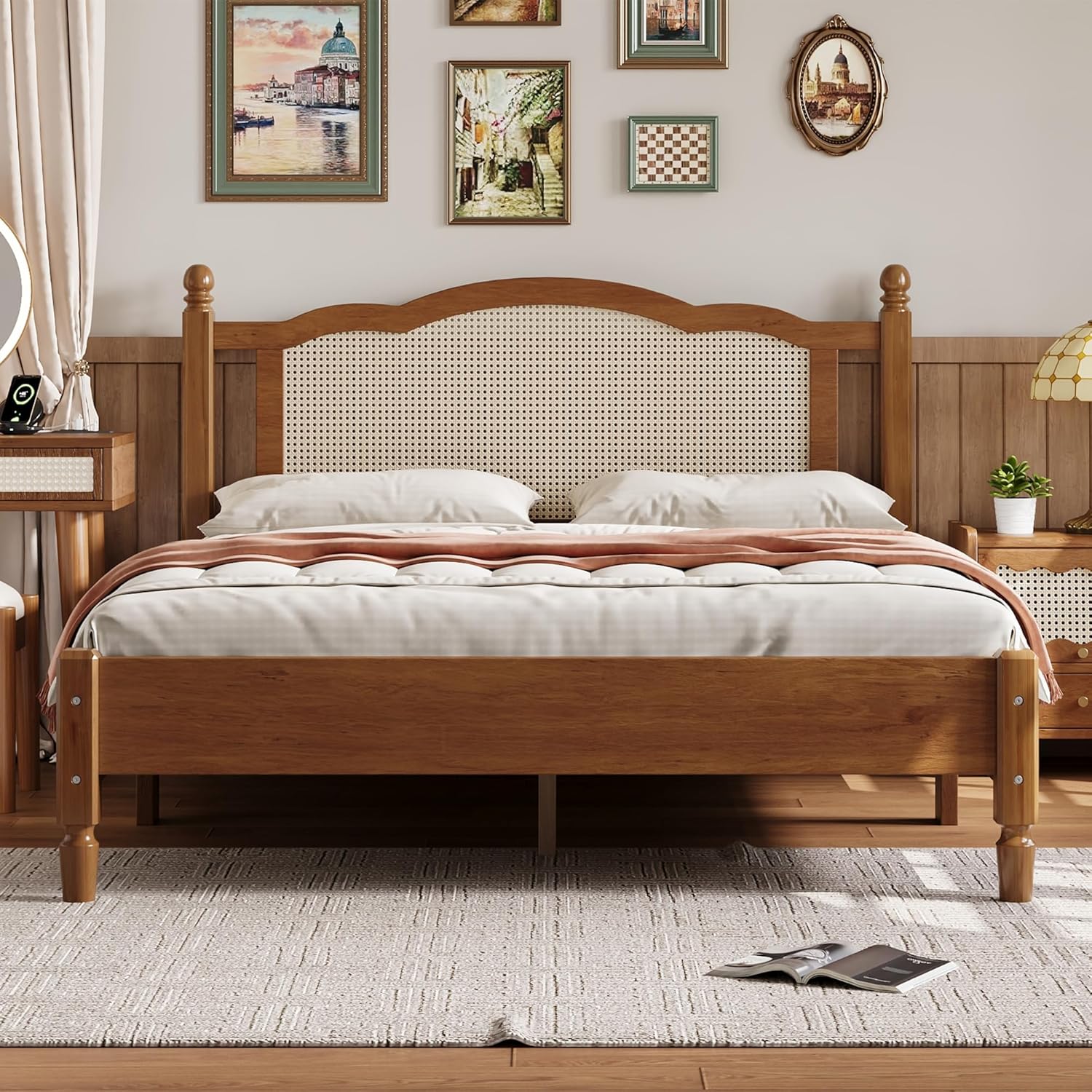Queen Size Wood Bed Frame with Rattan Headboard, Solid Wood Platform Bed Frame with 10 Slats, Modern Minimalist Arc Design for Bedroom Guest Room, Easy Assembly, Walnut