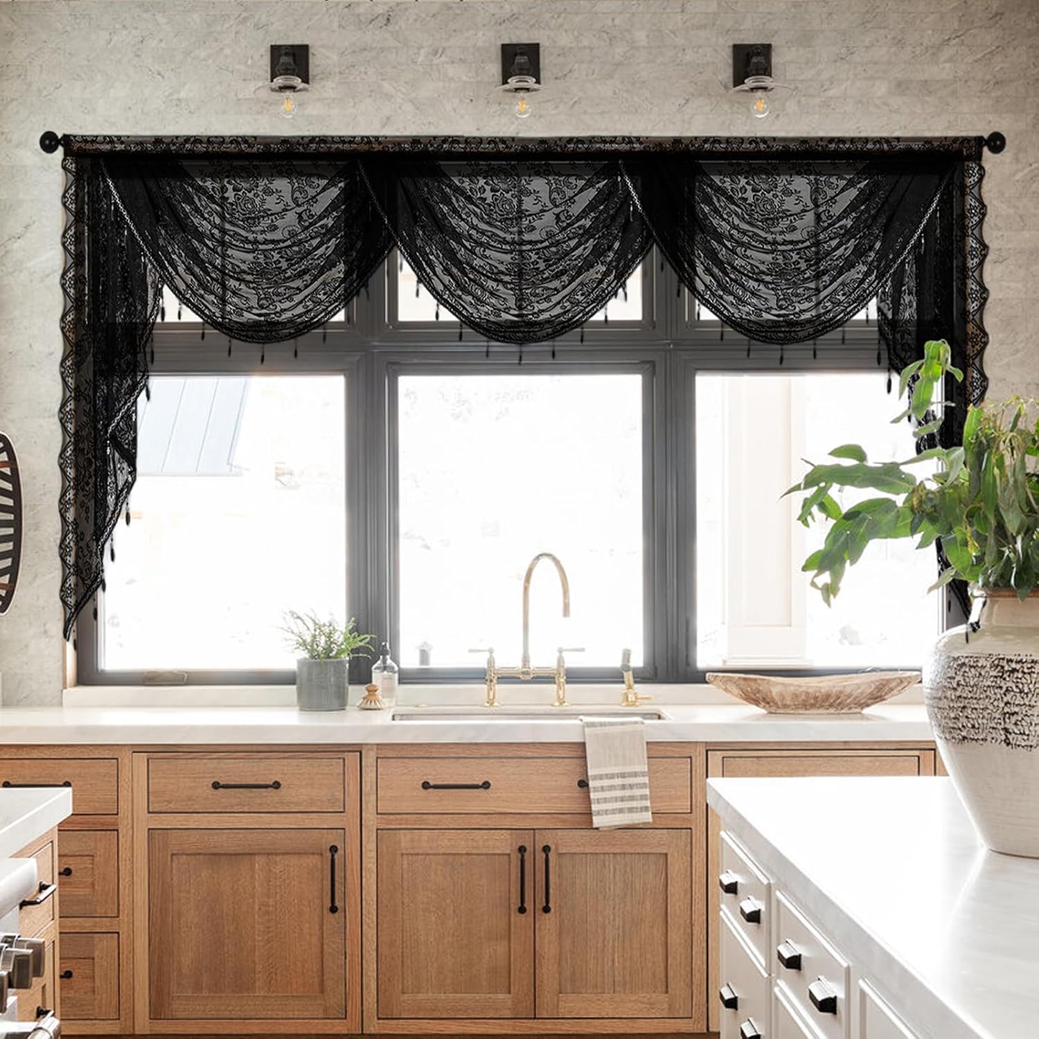 vctops Lace Beaded Waterfall Valances for Windows Floral Vintage Swag Valance Sheer Kitchen Window Curtains Over Sink Curtain Valance for Living Room Bedroom Bathroom Cafe (Black,98"x41")