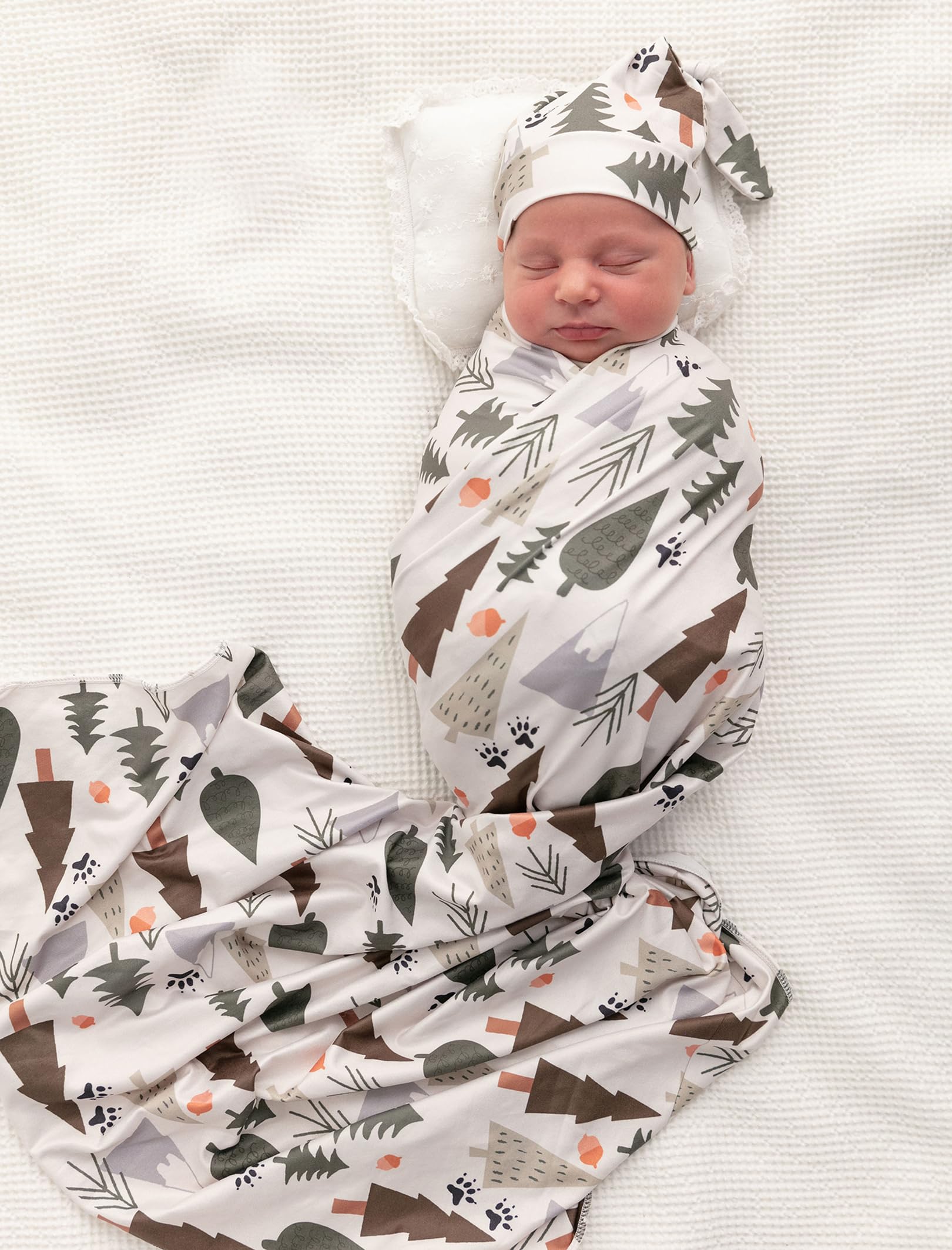 Newborn Swaddle Set, Grey and Green Tree, Beanie