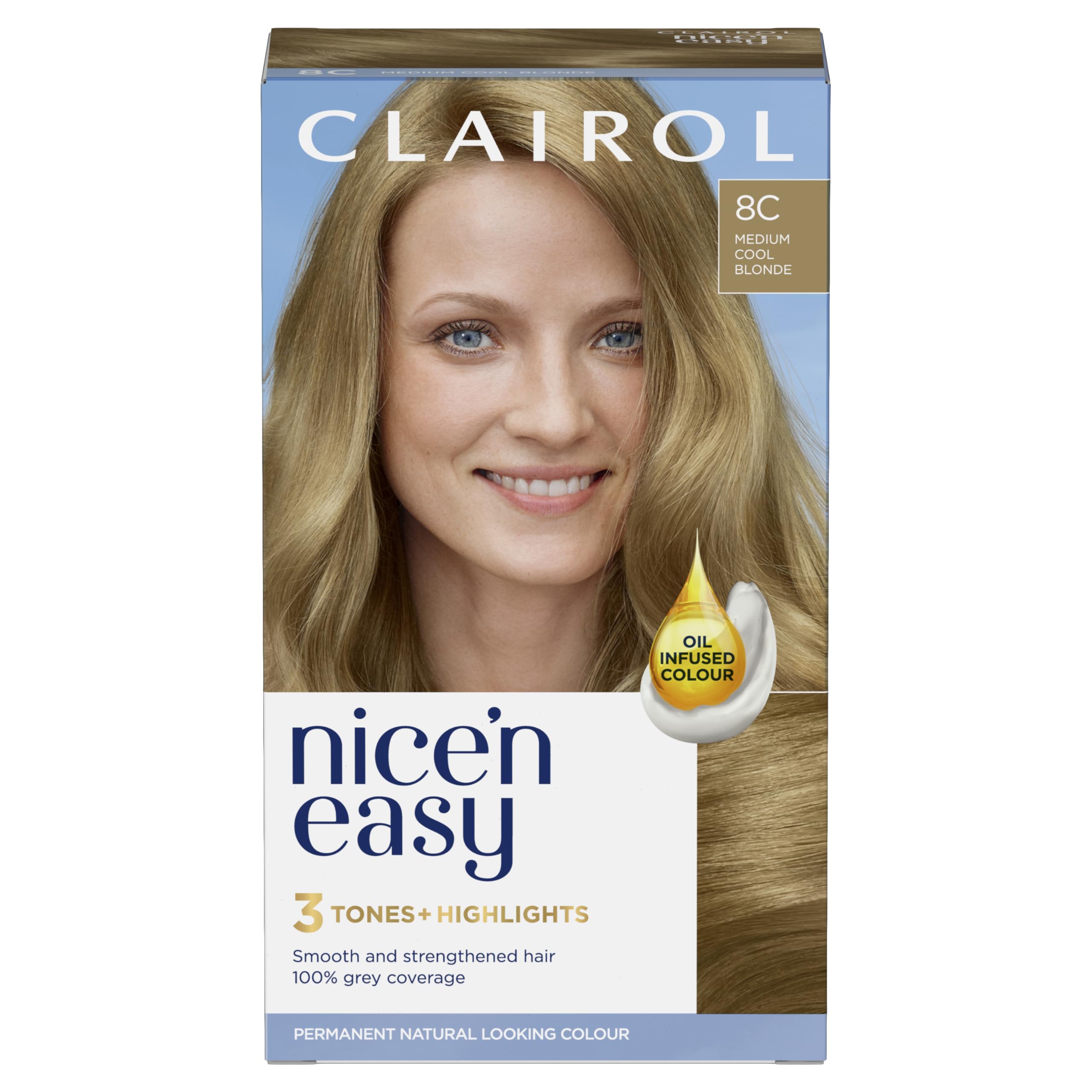 Clairol Nice'n Easy Crème, Natural Looking Oil Infused Permanent Hair Dye, 8C Medium Cool Blonde