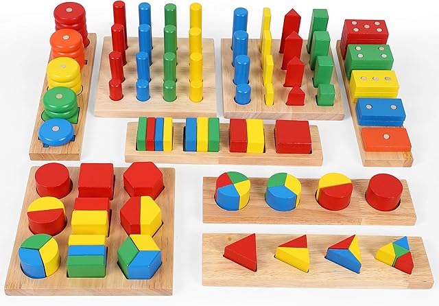 TOWO Wooden Geometric Shapes Stacking Rings and Fractions Boards 8 in 1 set Puzzles- Shape Sorter Sorting Toy Stacking Game  Montessori Materials Educational learning toys for 3 4 5 6 years