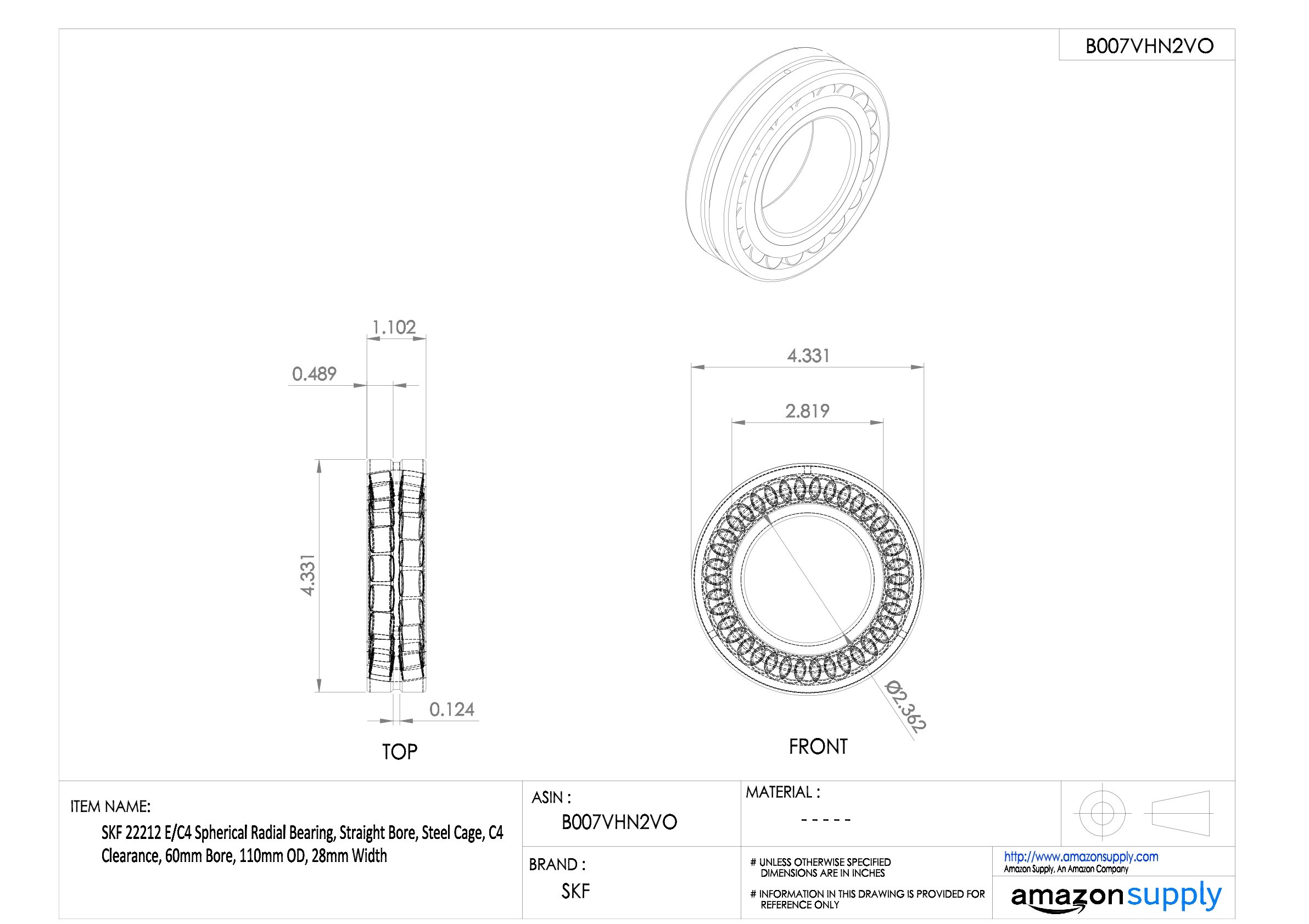 SKF 22212 E/C4 - Rodamiento radial esférico