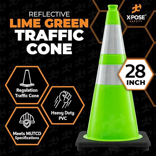 Miniatura 4 de Xpose Safety Cono de tráfico verde lima de 28 pulgadas, collar reflectante doble de 6 y 4 pulgadas, 1 paquete de cono de seguridad multiusos de PVC