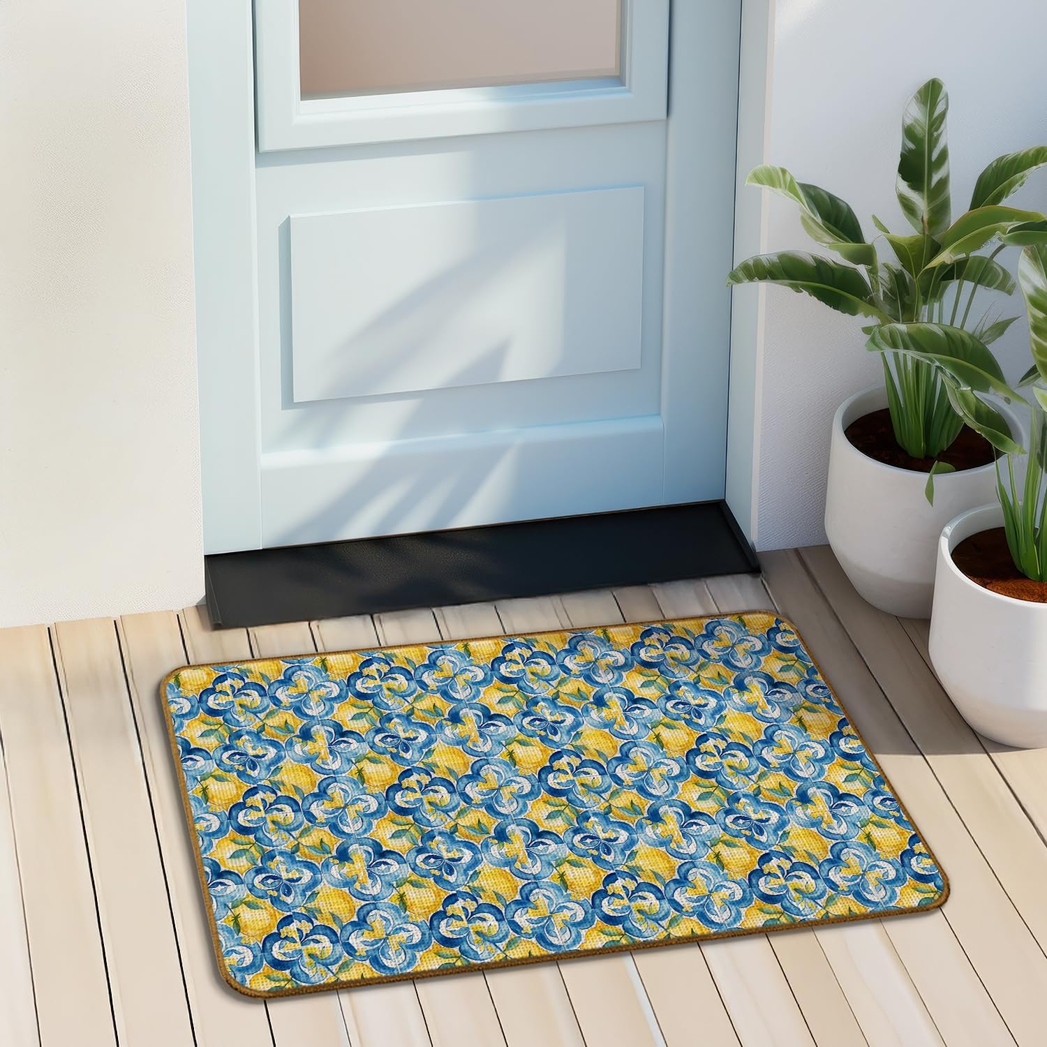 Italian Lemon Doormat, Blue White and Yellow Lemon Door Mat for Inside Outside Entrance Porch, Vintage Mediterranean Italian Tiles Lemons Welcome Mats for Front Door, 17x30 Inches