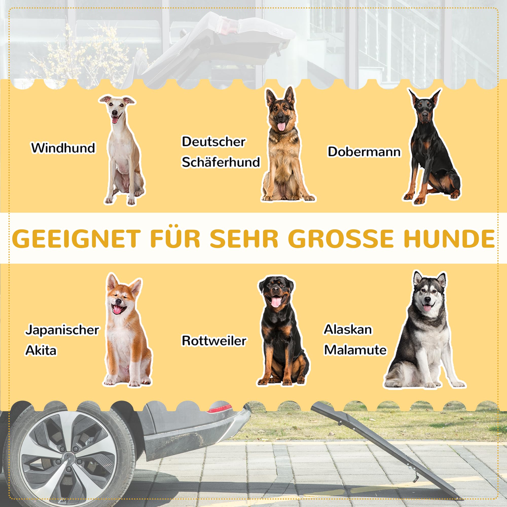 PawHut Hunderampe klappbar Hundetreppe Auto & SUV rutschfest Einstiegshilfe für Kofferraum, 158x43,5cm, Hundeautorampe für große Hunde bis 40 kg Schwarz
