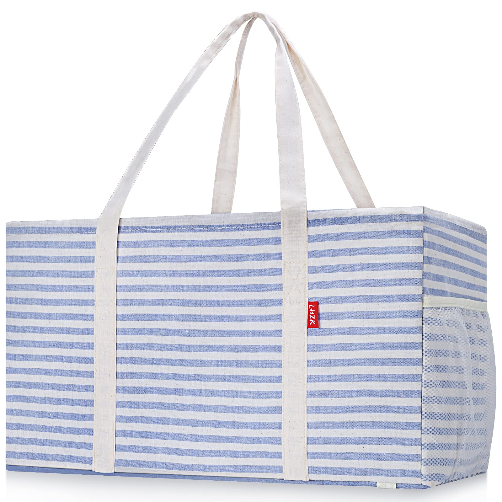 LHZK 2 Pack Extra Large Utility Tote Bag with Metal Wire Frame and the Sides Rinforced, Extra Large Tote Bag with Handle for Pool Beach Laundry Storage (Blue)