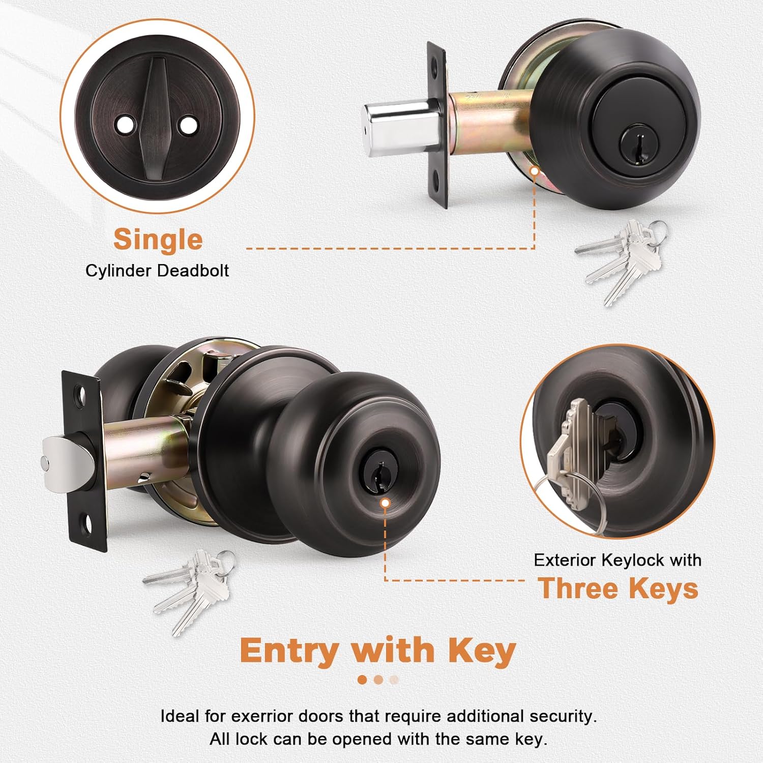 Probrico Front Door Entry Handles Lockset and Single Cylinder Deadbolt Combination Set, Oil-Rubbed Bronze (2 Pack) Keyed Alike