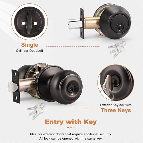 Miniatura 4 de Probrico Juego de pomo redondo para puerta de entrada y cerrojo de cilindro único, bronce aceitado, paquete de 1