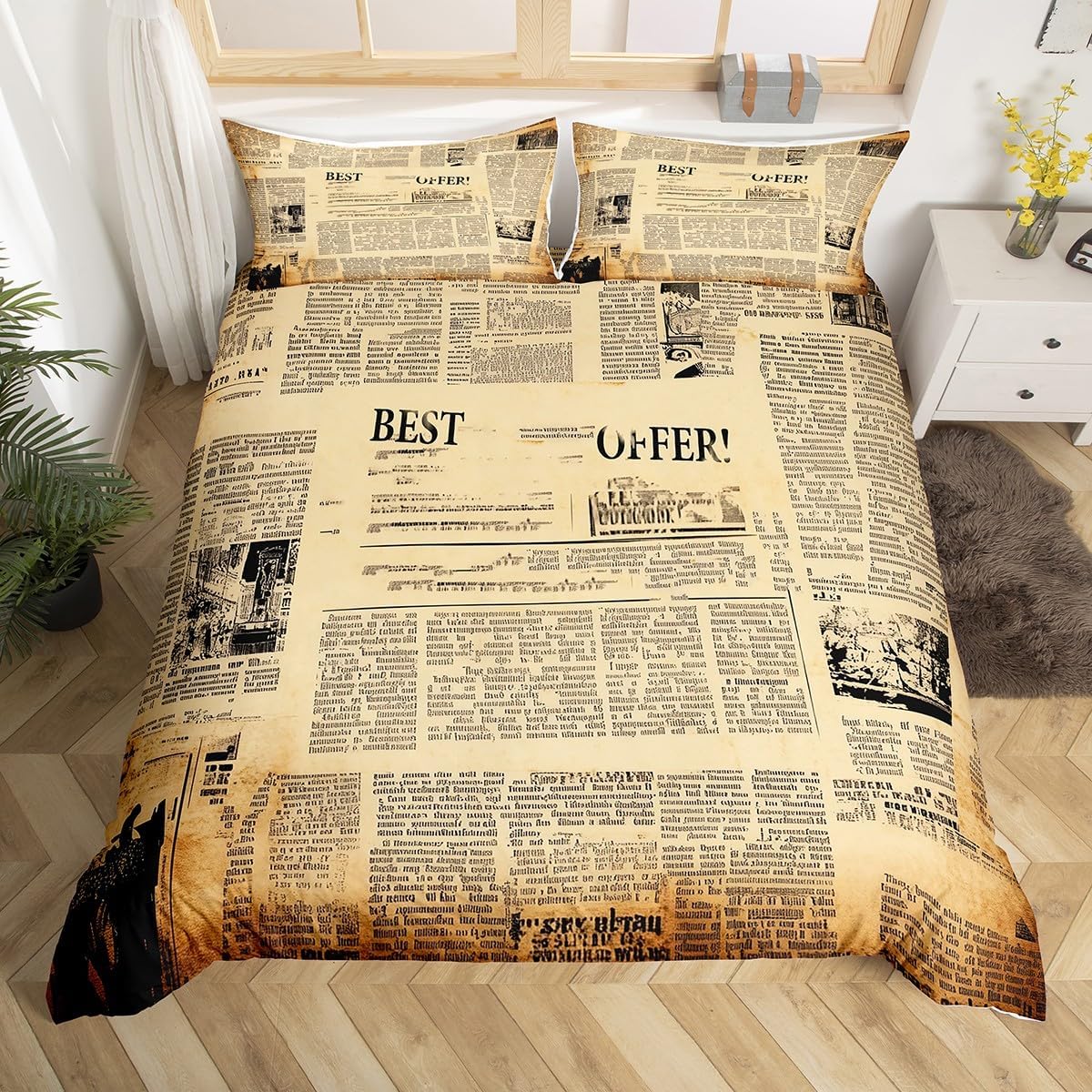 Feelyou Old Newspaper Comforter Cover Retro Style Bedding Set for Boys Girls Children Vintage Decor Duvet Cover Classical Design Room Decor Full Size Quilt Cover 3Pcs