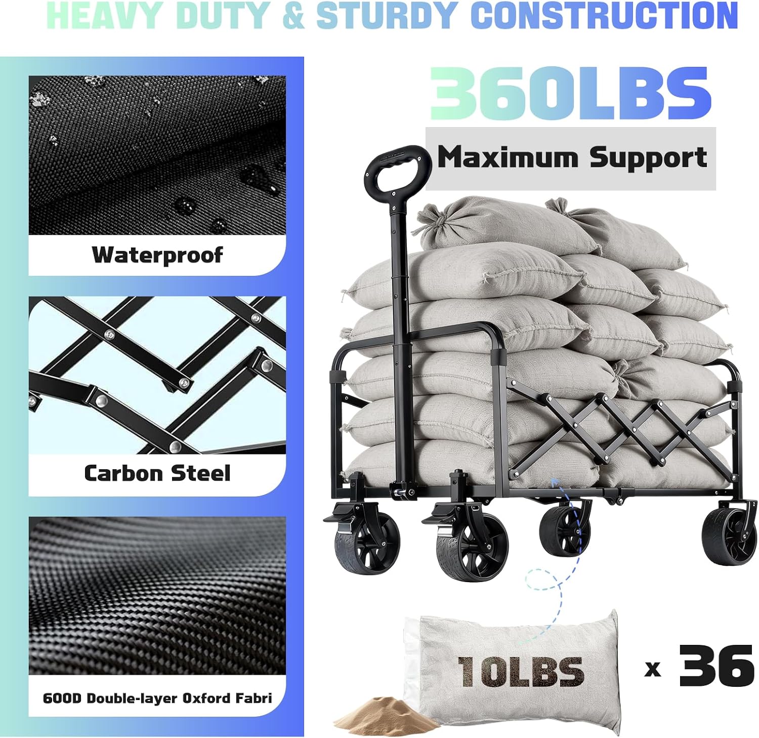 Collapsible Wagon Cart Foldable with Breakes - 360 LBS Heavy Duty Folding Grocery Cart with All Terrain Wheels & Breakes, for Shopping, Beach, Camping, Sports, Garden & Fishing