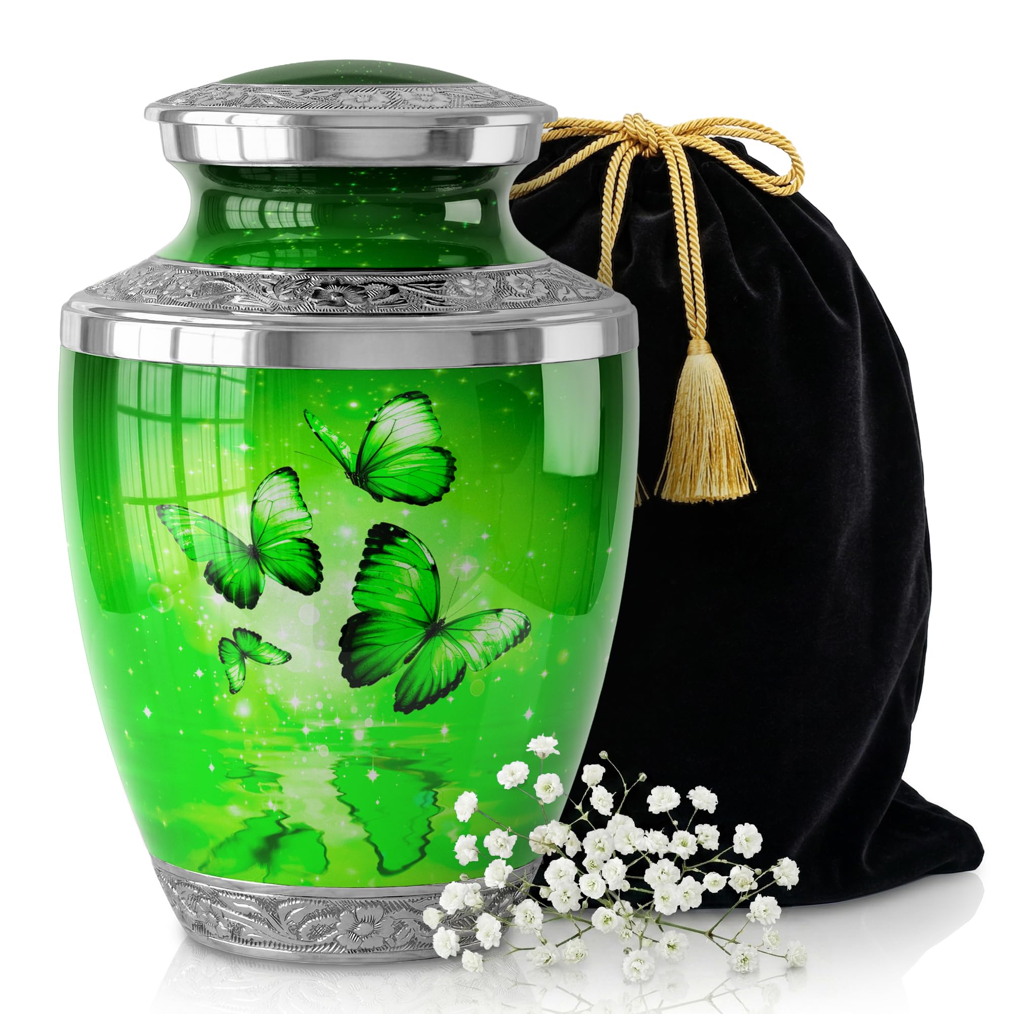 STONLIF Green Butterfly Urn for Female – Large 200 Cubic inches Adult Funeral Memorial Urn – Decorative Urn for Female – Burial or Home Display