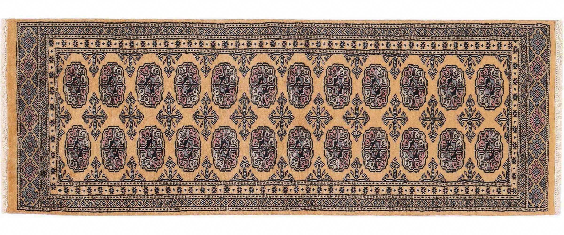 Tapis Buchara pakistanais tissé main géométrique doré 60x180 cm pour couloir élégant