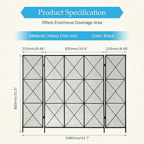 Miniatura 2 de IRONWALLS Pantalla negra para chimenea, 41.7 pulgadas de largo x 31.5 pulgadas de alto, cubierta plana plegable de hierro con protección contra