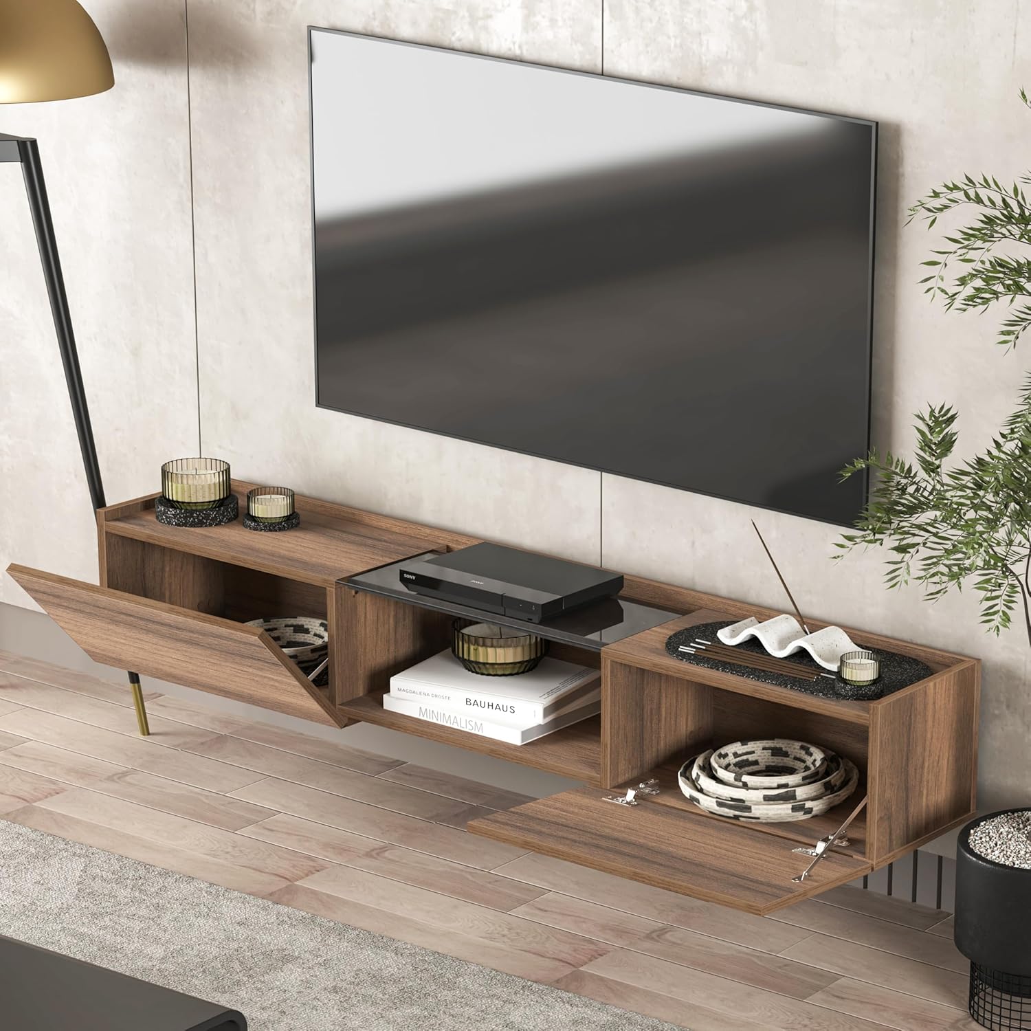 Atelier Mobili Floating TV Stand 65 Inch TV, Wall Mounted Media Console, Mid Century Modern Media Console, Walnut TV Stand for Living Room, Floating Entertainment Center (Walnut, 69 Inches)