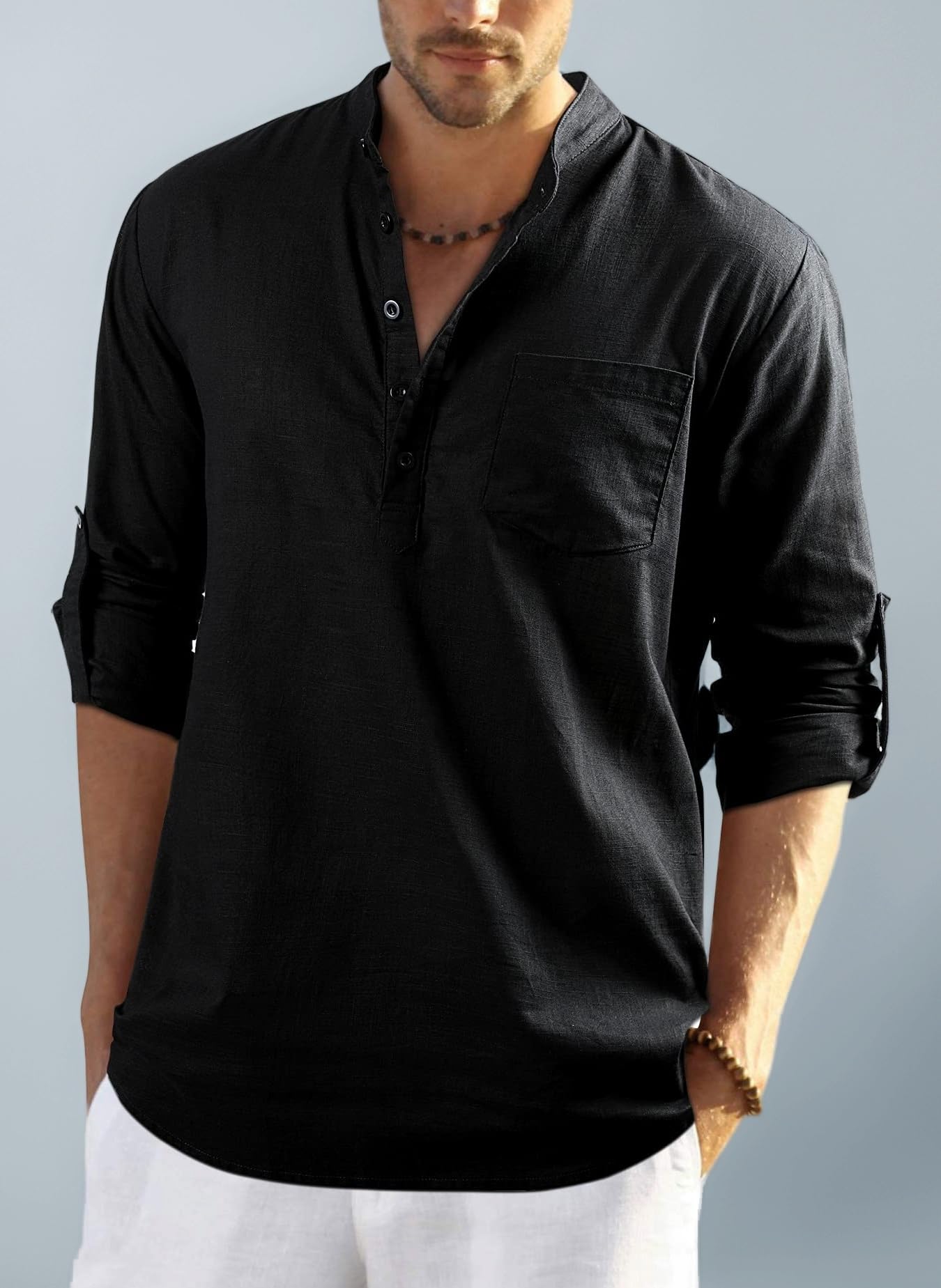 Mens Casual Cotton Linen Shirt Long Sleeve Button Down Summer Lightweight Henley Shirt Tops