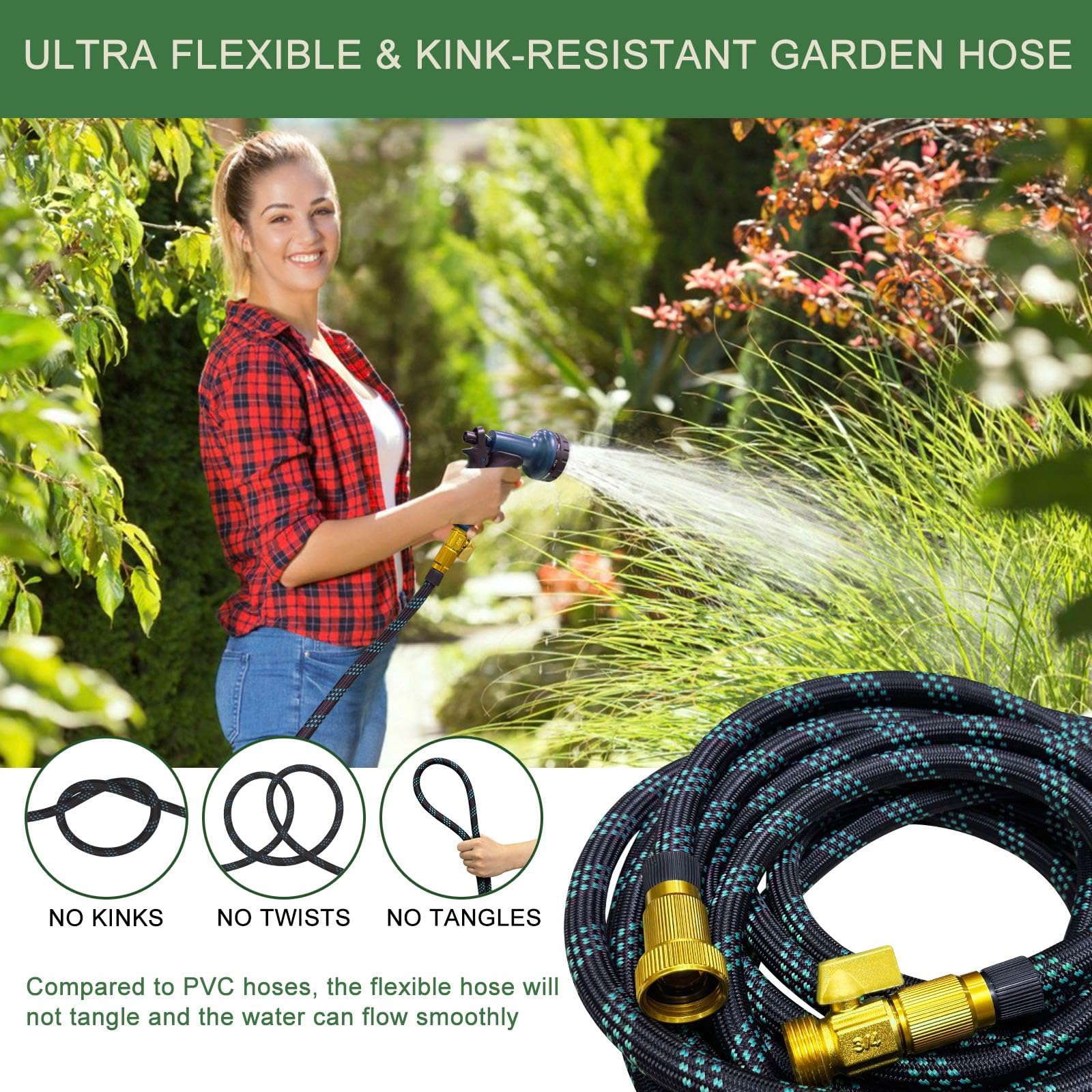 Gartenschlauch, nicht erweiterbar, 7,6 m, leichter flexibler Wasserschlauch mit 10 Funktionen, Sprühdüse, auslaufsicher, knickfrei, tragbarer Schlauch für Hof, Rasen, Camper, hochdichtes Gewebe