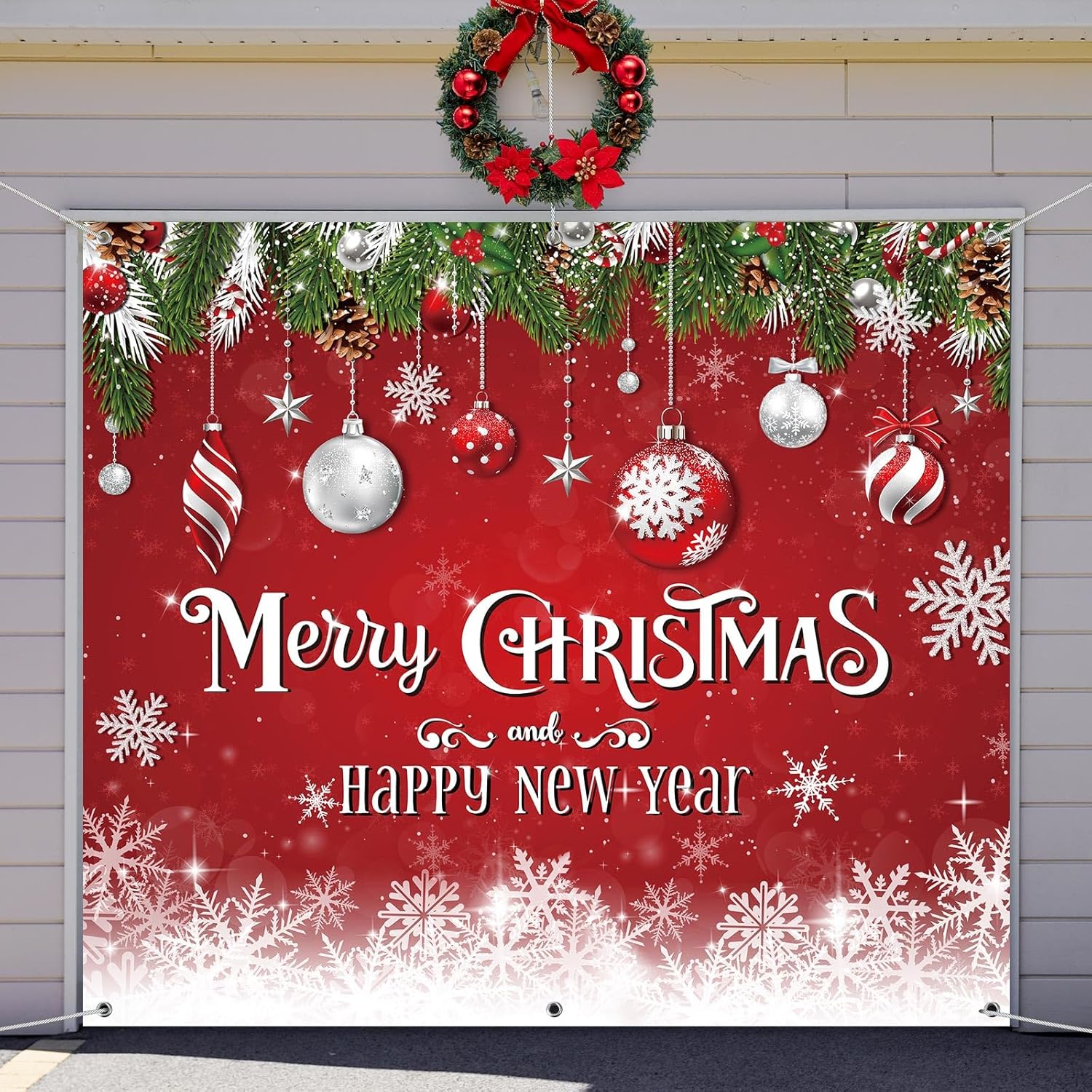 Teenyyou Christmas Garage Door Decorations 7 x 8 ft Xmas Ball Garage Door Banner Merry Christmas Backdrop Cover for Indoor Outdoor Wall Decor