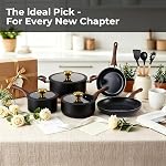 M MELENTA Pots and Pans Set Non Stick, 11 Piece Black Ceramic Cookware Set, Non Toxic Induction Cookware, Nonstick Kitchen Pot Set with Gold Lid Knobs, PFAS, PTFE, PFOA & PFOS Free