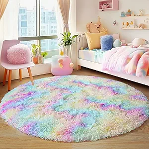 6‘x6’ Rainbow Round Rugs for Girls Bedroom, Ultra Soft Fluffy Circle Rug for Kids Room, Cute Shag Rugs for Living Room Playroom Tent Castle Home Decor Rug