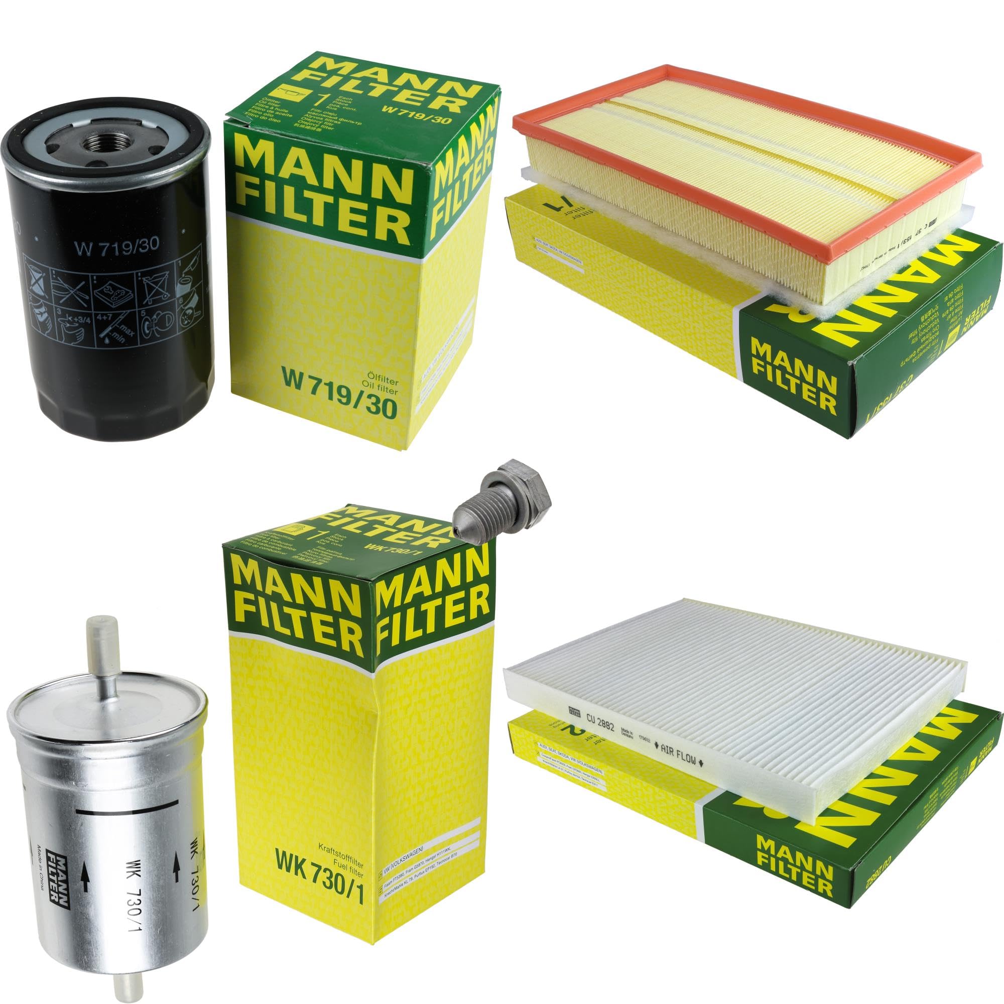 Paquete de inspección Kit de mantenimiento de filtros con filtro de aceite W 719/30, filtro de aire C 37 153/1, filtro de combustible WK 730/1, filtro de habitáculo CU 2882, tornillo de