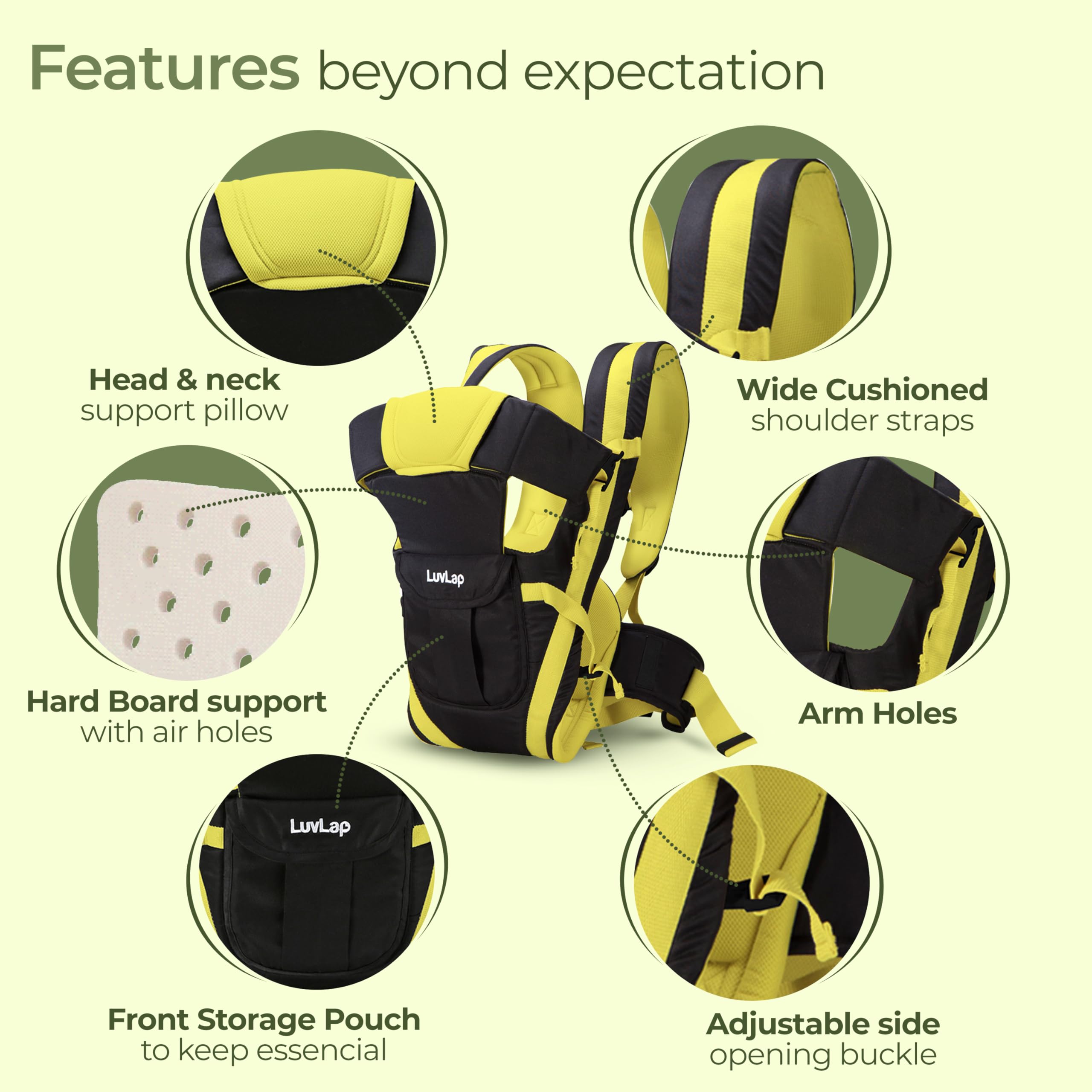 LuvLap Elegant Baby Carrier with 4 Carry Positions, Baby Carrier for 4 to 24 Months Baby,Adjustable New-Born to Toddler Carrier with Cushioned Leg Support, Max Weight Up to 15 Kgs(Black& Green)