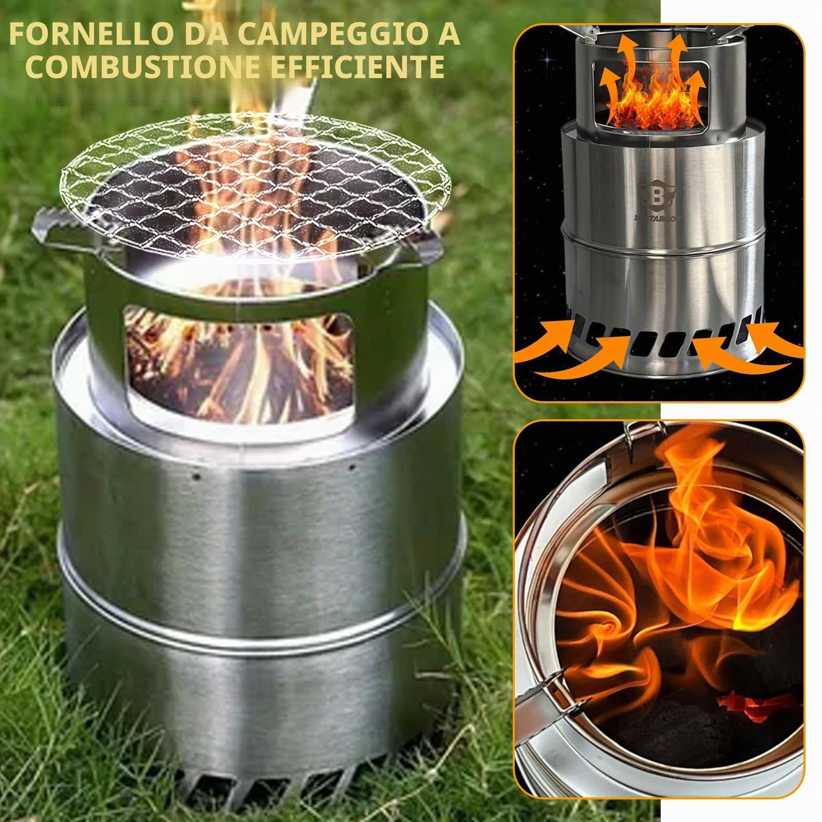 Stufa a legna portatile da campeggio con piastra a rete per barbecue, fornello Hobo in acciaio inox, borsa per il trasporto, pieghevole e antivento
