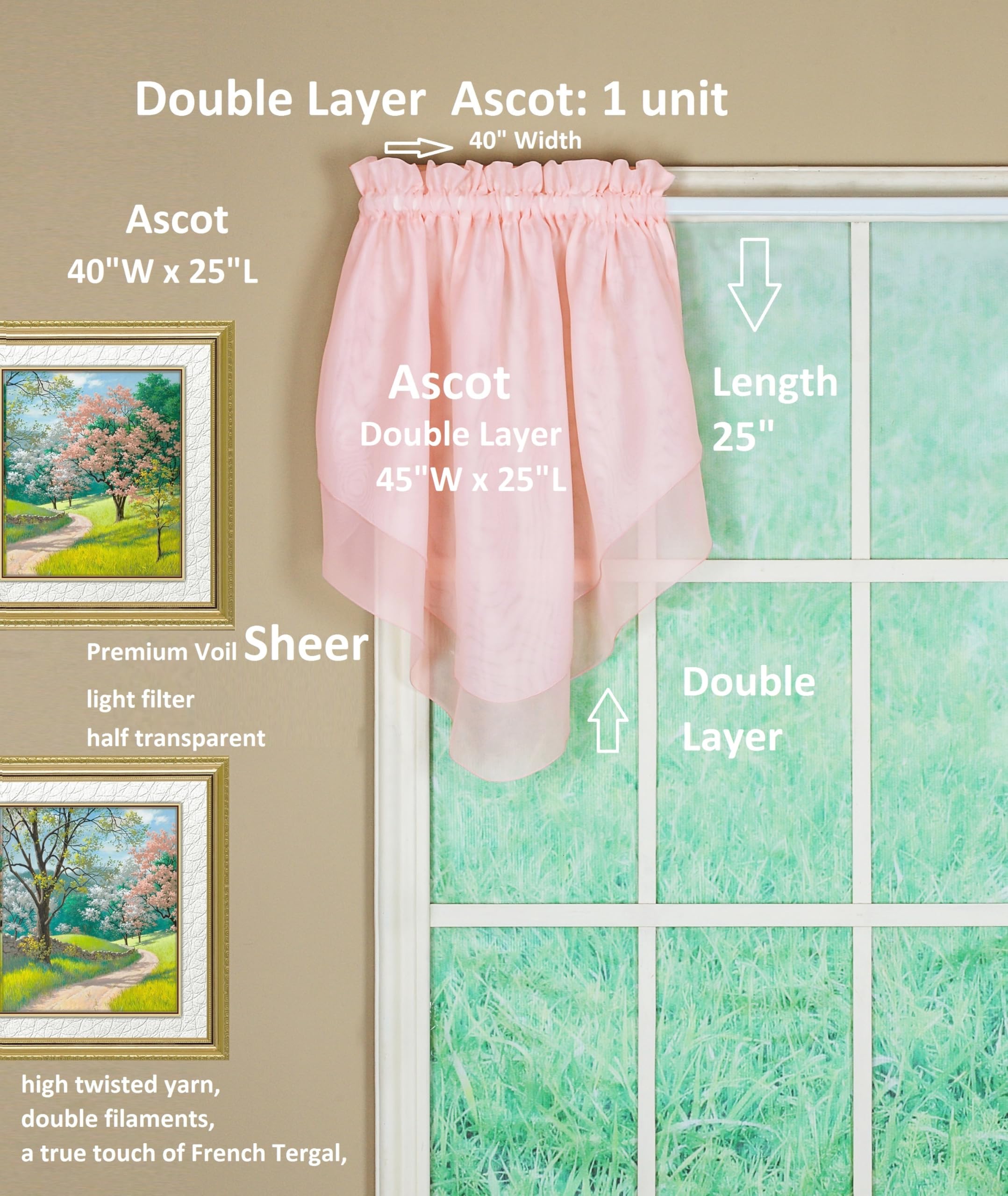 Today's Curtain Emelia Original Voile Ascot 25", Rose, 40" W x 25" L, W 40" x L 25" (1 Panels) - Image 2