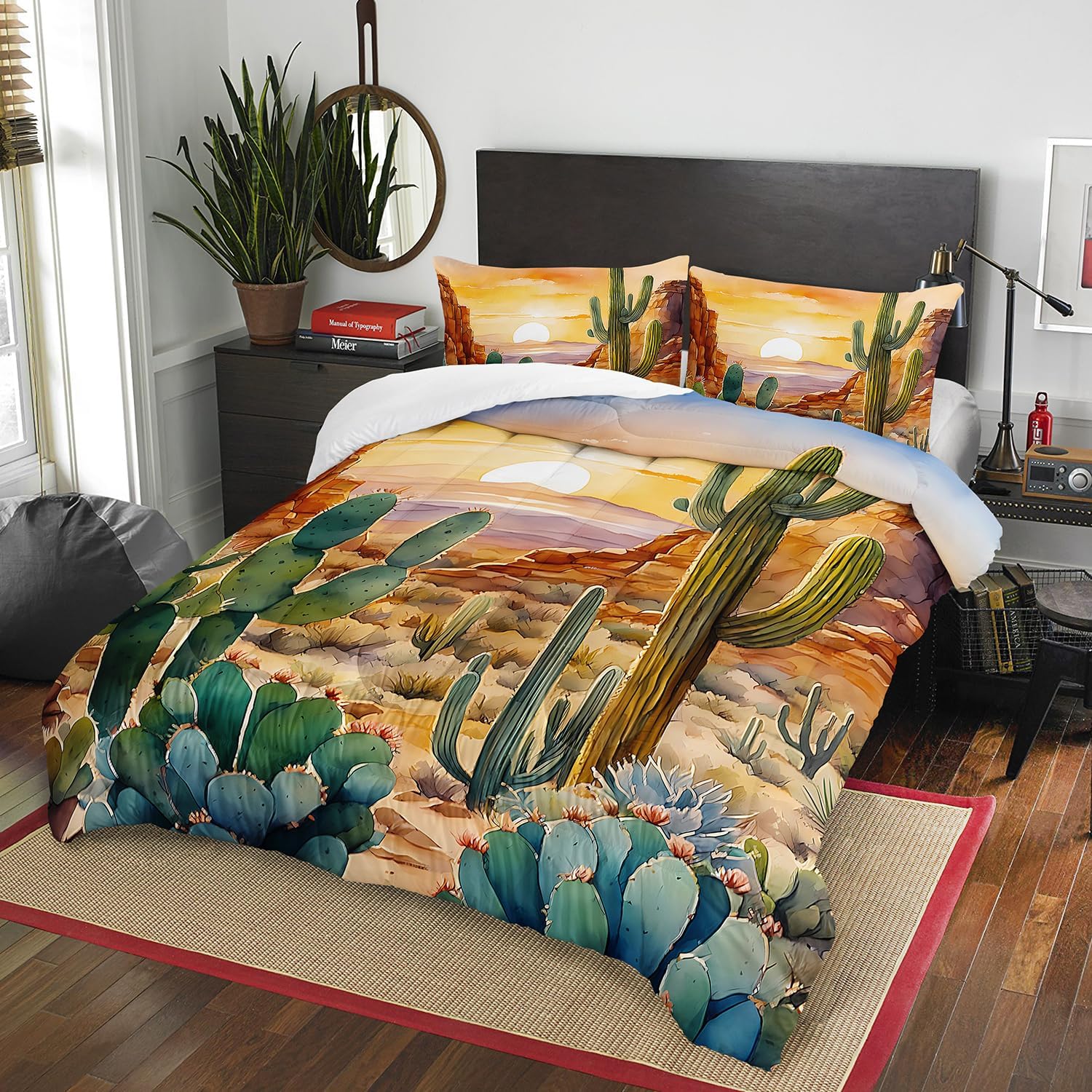 AILONEN Watercolor Cactus Comforter Set Queen Size,Sunset Mountains Cactus Forest Bedding Set,Orange Succulent Flower Bed in a Bag Duvet Set for Boys Teens Kids,1 Quilt and 2 Pillowcases,3PCS