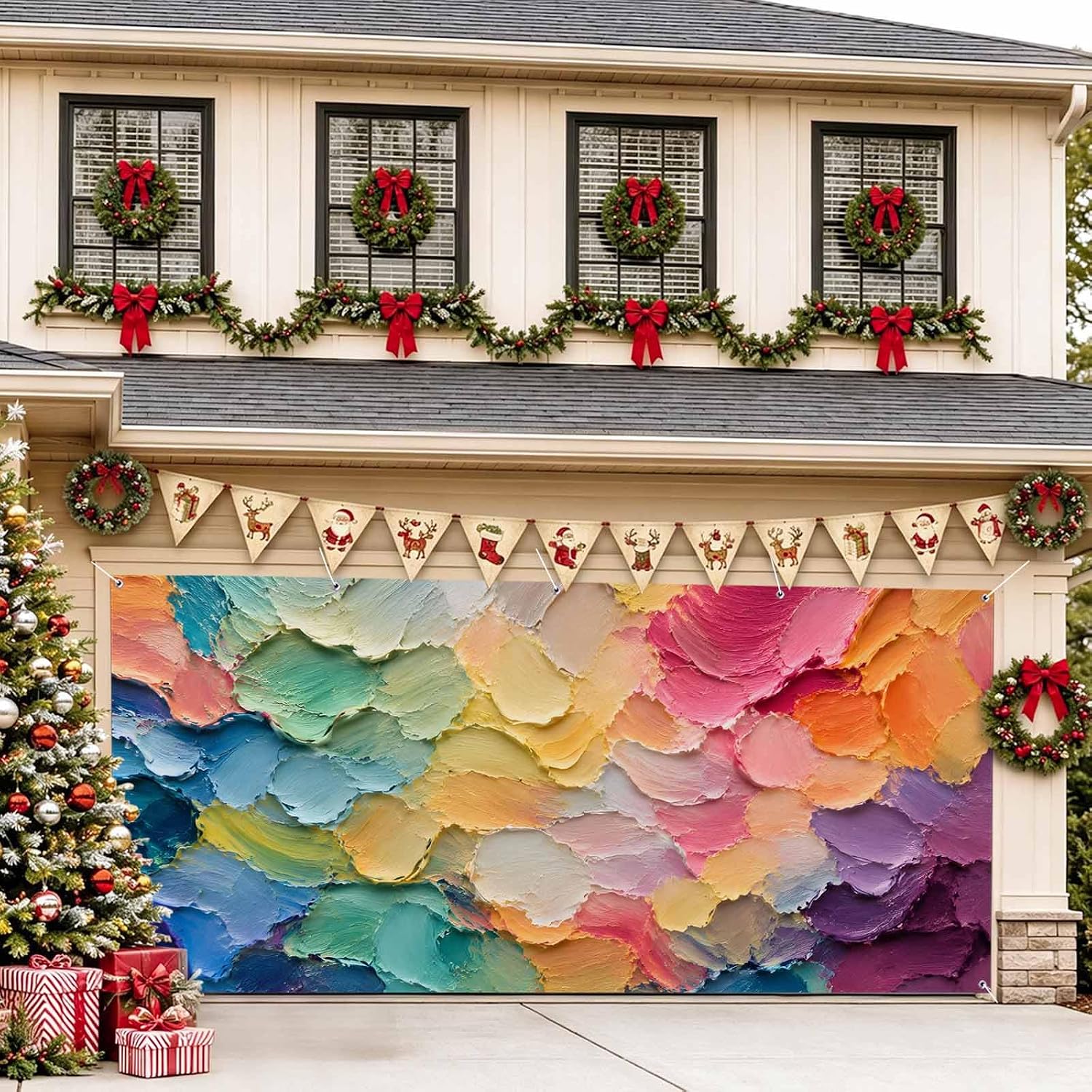 Colorful Oil Painting Garage Door Cover for Holiday 13x6ft Garage Door Banner Large Garages Doors Decorations Abstract Pink Purple Yellow Blue Gradient Garages Doors Backdrop Decor for Outdoor Yard