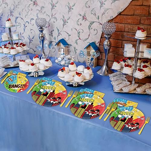 Miniatura 6 de gisgfim 96 piezas de platos y servilletas para fiesta de super héroes, suministros de fiesta, juego de vajilla para fiesta temática de héroes,