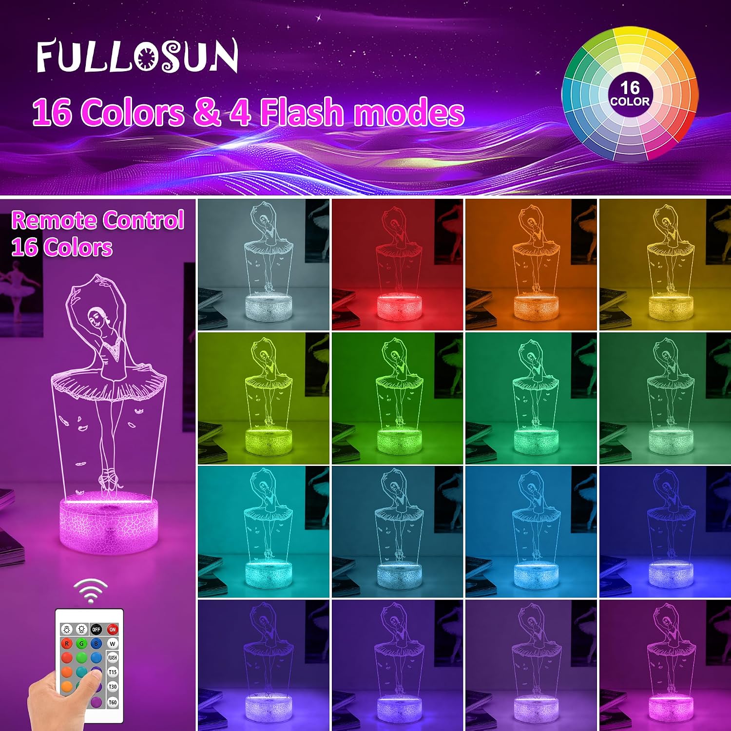 FULLOSUN Ballet Dancing Gifts, 3D Illusion Lamp Night Light with Remote Control 16 Colors Changing Gifts for Mom and Girls, Birthday Gift, Wedding Grandmother Graduation Gifts