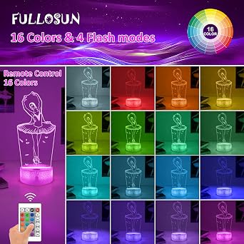 Ballet Dance Gifts, 3D Illusion Lamp, Children's Night Light with Remote Control, 16 Colours, Changing Gifts for Mother, Birthday, Wedding, Grandmother, Valen, Graduation, Friend