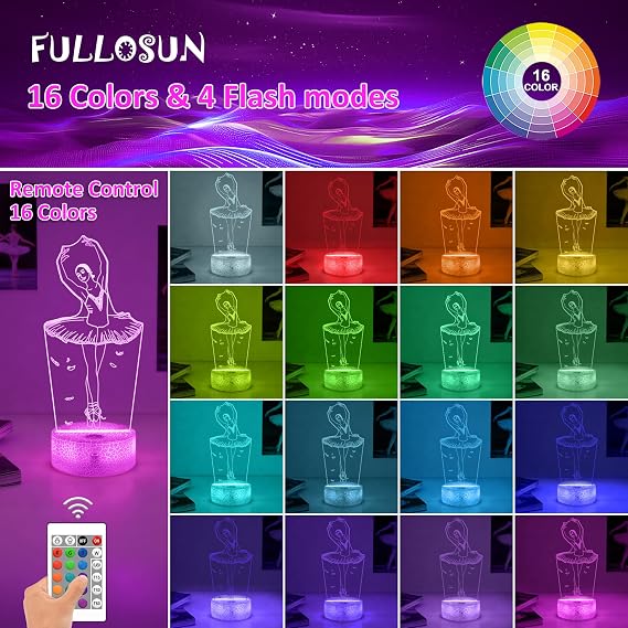 Ballet Dance Gifts, 3D Illusion Lamp, Children's Night Light with Remote Control, 16 Colours, Changing Gifts for Mother, Birthday, Wedding, Grandmother, Valen, Graduation, Friend