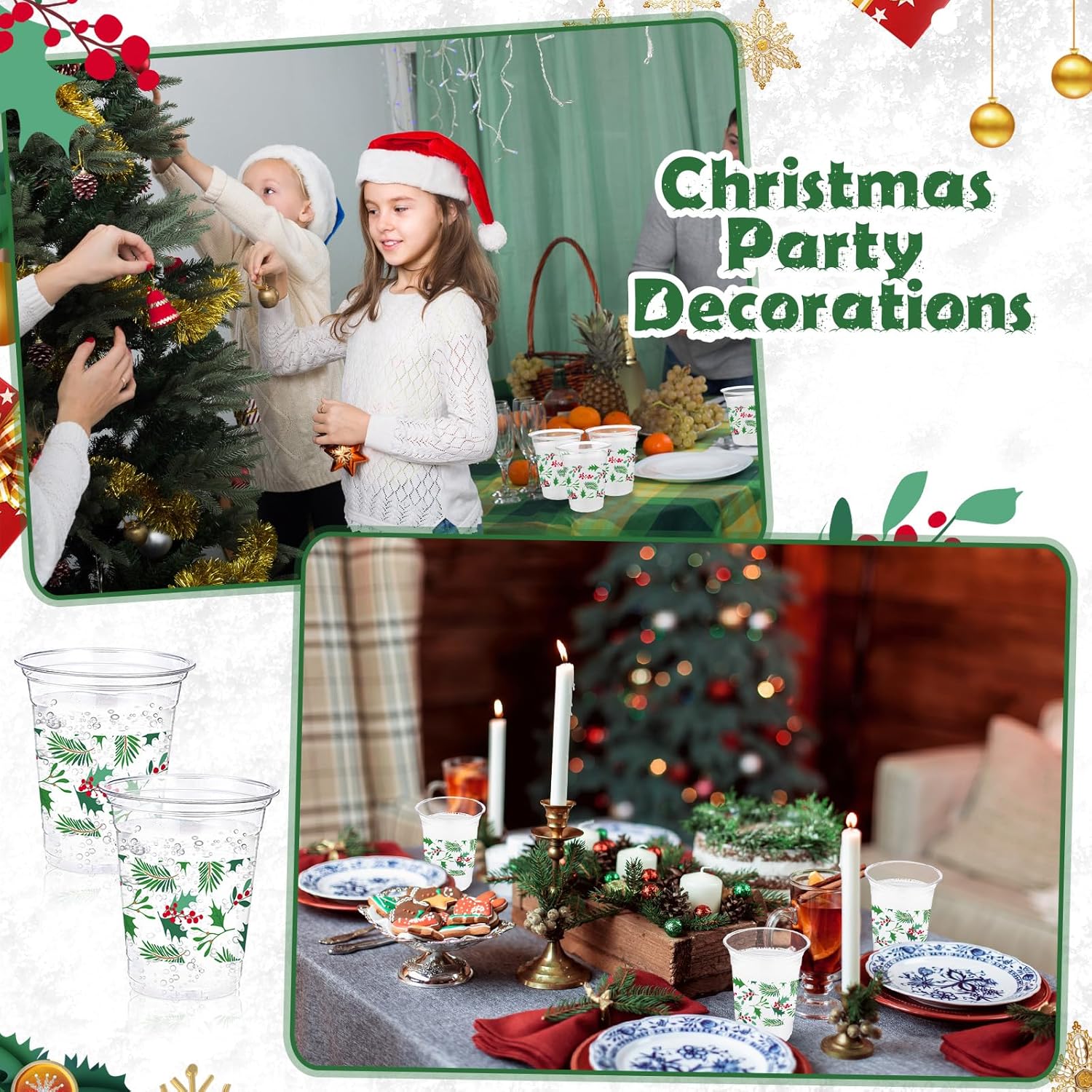 60 Pack Christmas Plastic Cups 12 oz Seasonal Holly Leaf Disposable Clear Plastic Drinking Cups for Xmas Christmas Winter Holiday Party Decoration Supplies - Image 4