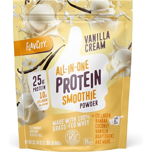 FlavCity Vanilla All in One Protein Shake Powder - On the Go Meal Alternative + Collagen Peptides, Reishi & Cordyceps - Focus, Skin, Hair & Joint Support - 100% Grass Fed Whey, 20 Servings