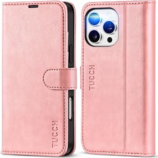 TUCCH Case Wallet for iPhone 16 Pro Max, RFID Blocking Folio, Rose Gold