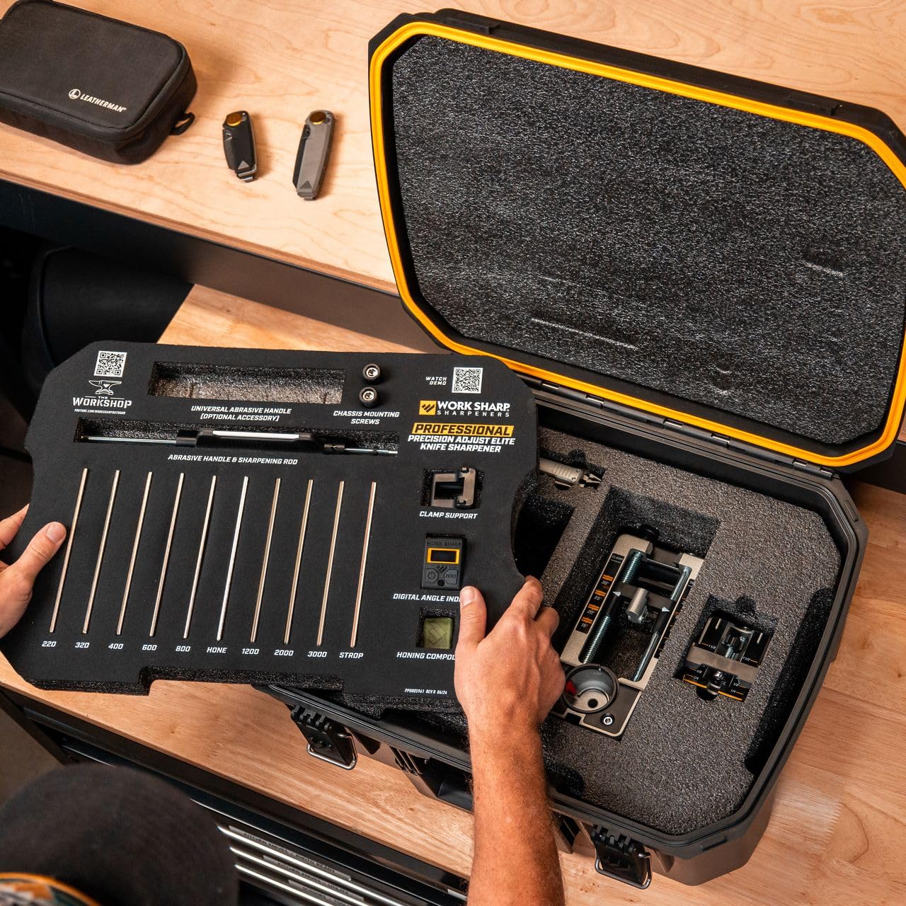 WORK SHARP® Professional Precision Adjust Elite Knife Sharpener - Profi Schärf-System - Messer-Schleifer Set mit digitaler Winkel-Einstellung & -Führung - Messer-Schärfer mit 10 Platten im Koffer