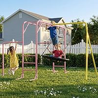 LeisureStar Pink Monkey Bars Swing Set for Backyard - Climbing Frame, Saucer Swing, Gymnastics Bar for Kids 3+