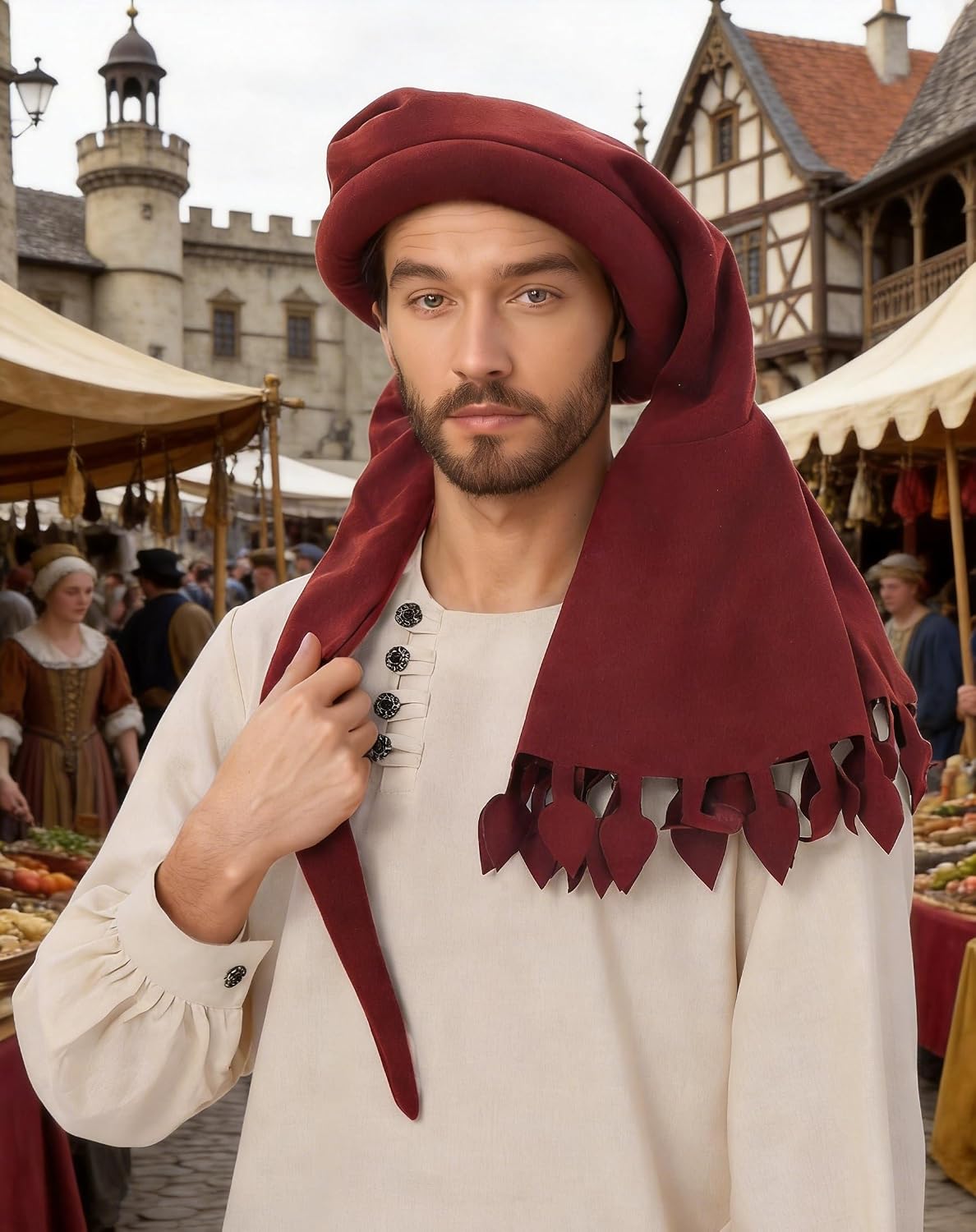 DAZCOS Medieval Chaperone Hat with Padded Roll Renaissance Cowl for Men for Halloween