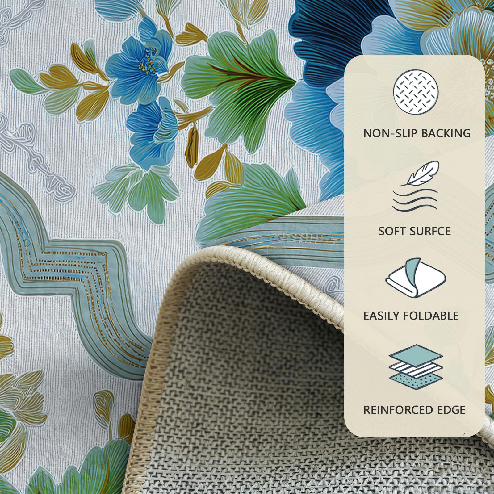 Tapis Rond Bleu 160 cm Antidérapant, Motif Floral Géométrique Champêtre