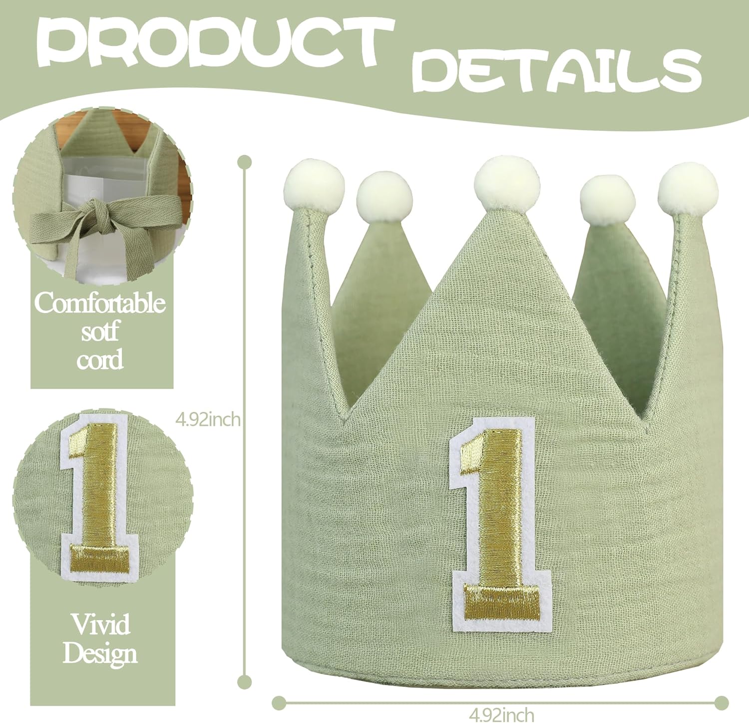 Handmade Crown Hat 1st Birthday for Baby Boy Girl 1-3 Years Birthday Party Decoration Headband - Image 4