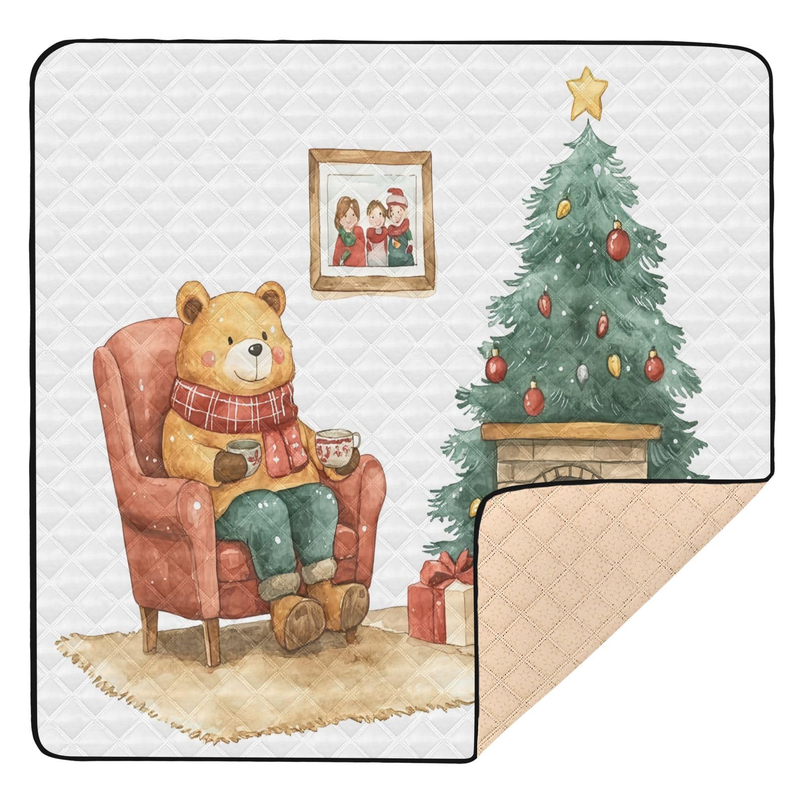 BOESI Doodle Christmas Bear Pattern Baby Play Mat, 50“ X 50” Washable Folding Crawling Mat, Baby Floor Mat, Soft, Thick, Non-Slip