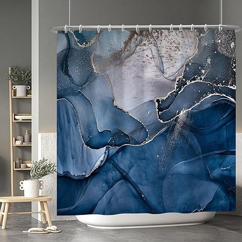 Miniatura 3 de Baocicco Cortina de ducha con diseño de mármol azul marino, con grietas de línea dorada, moderna, abstracta, de lujo, cortinas de ducha decorativas