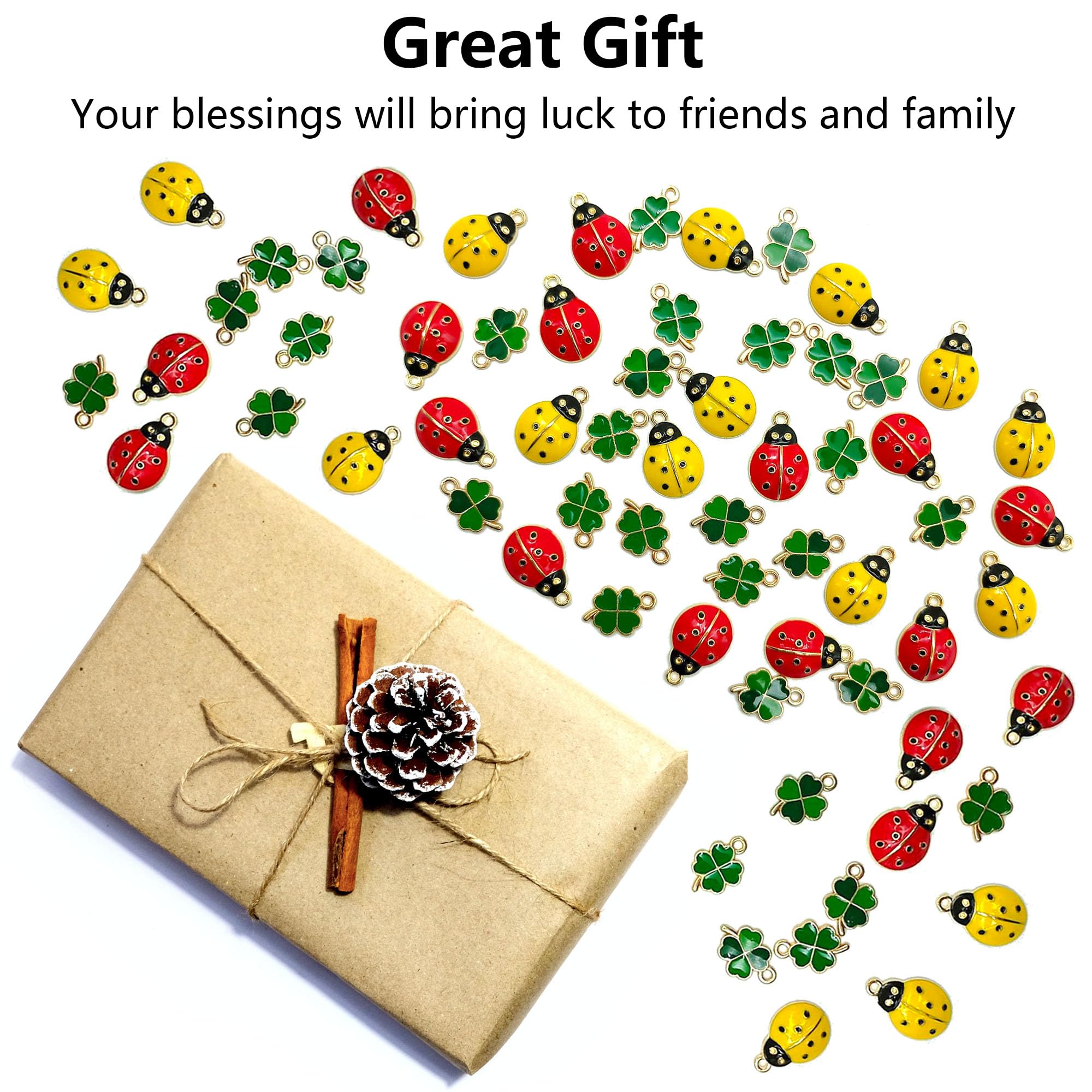 40 Pcs Ciondolo Coccinella Shamrock Metallo Fascino Portafortuna a Quattro Foglie Portachiavi Erba Fortunato Accessori Mini Ornamenti Coccinella Trifoglio Artigianato Fai Da Te