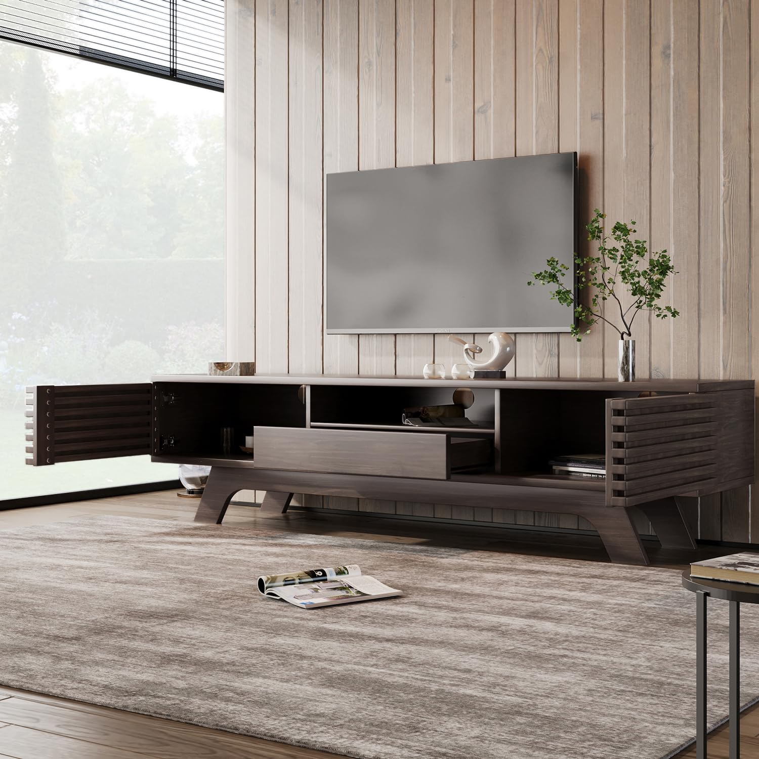 150 × 35 × 44 cm - Meuble TV Bois avec Tiroir Et Portes - Table Television Salon, Design Vintage, Rangement Multimédia avec Gestion des Câbles - Meuble Bas pour Salon